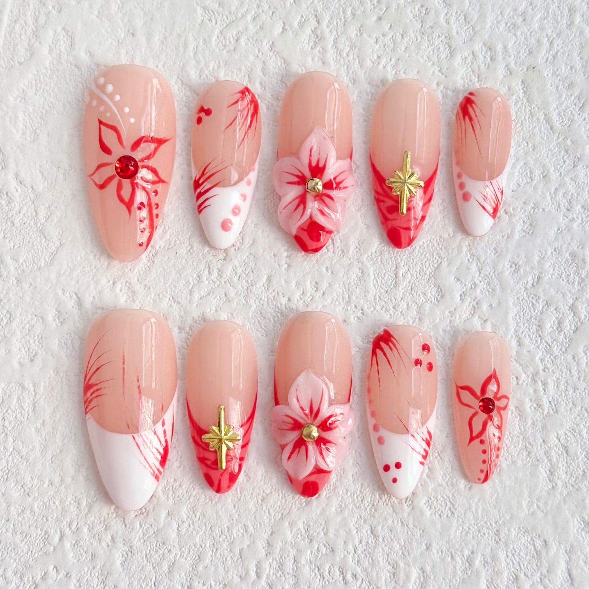 medium length red almond press on nails with 3d flower designs