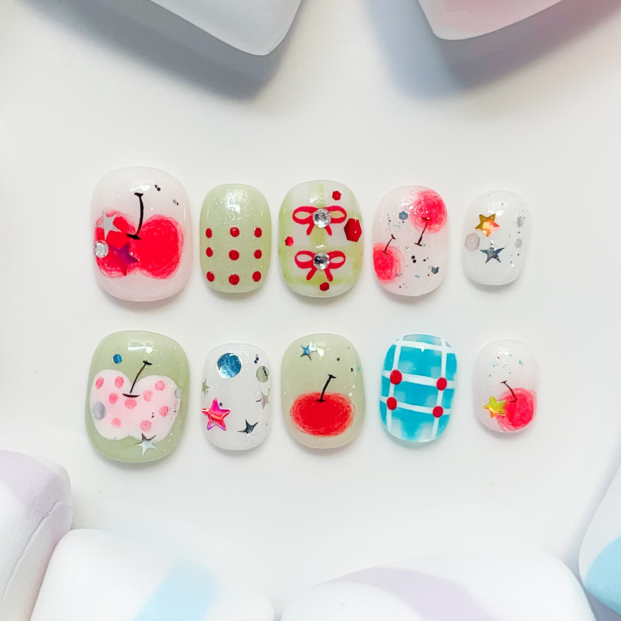 short length red oval press on nails with cherry design