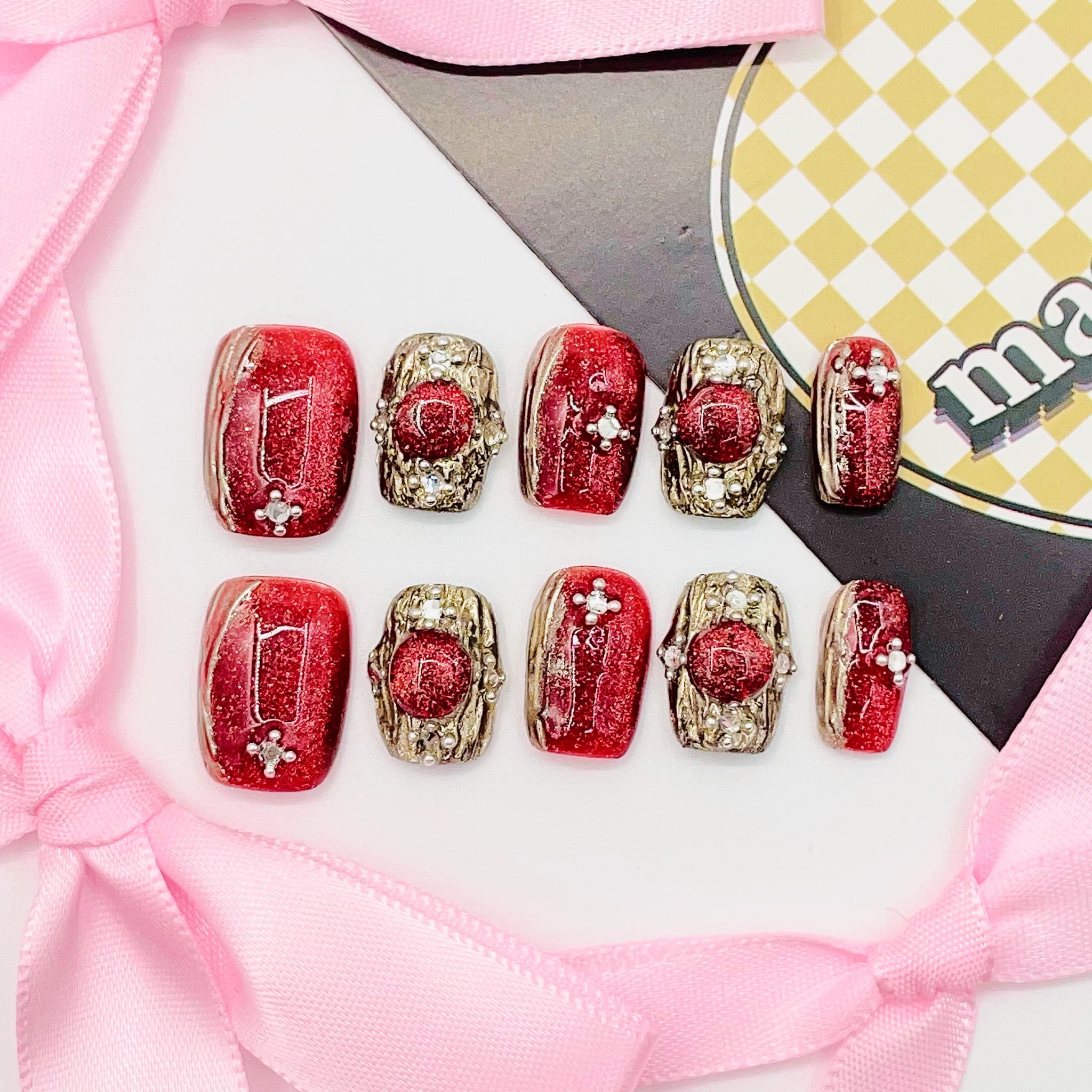 short length red square press on nails with elegant design
