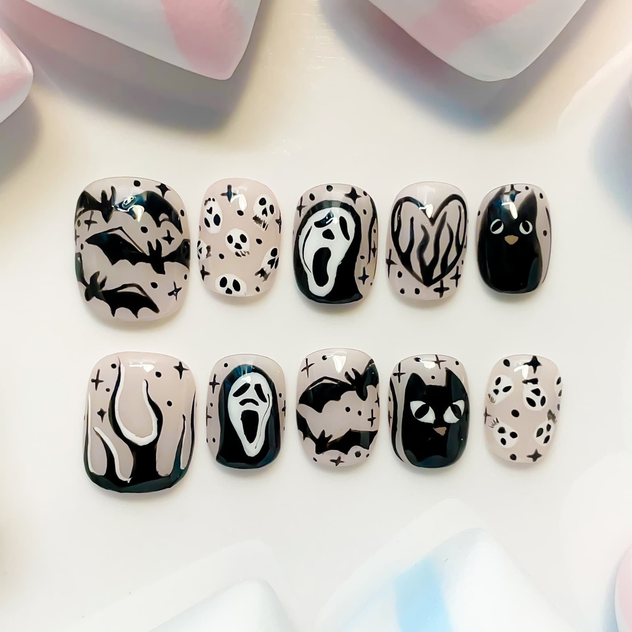 short length black squoval press on nails with halloween and cat design
