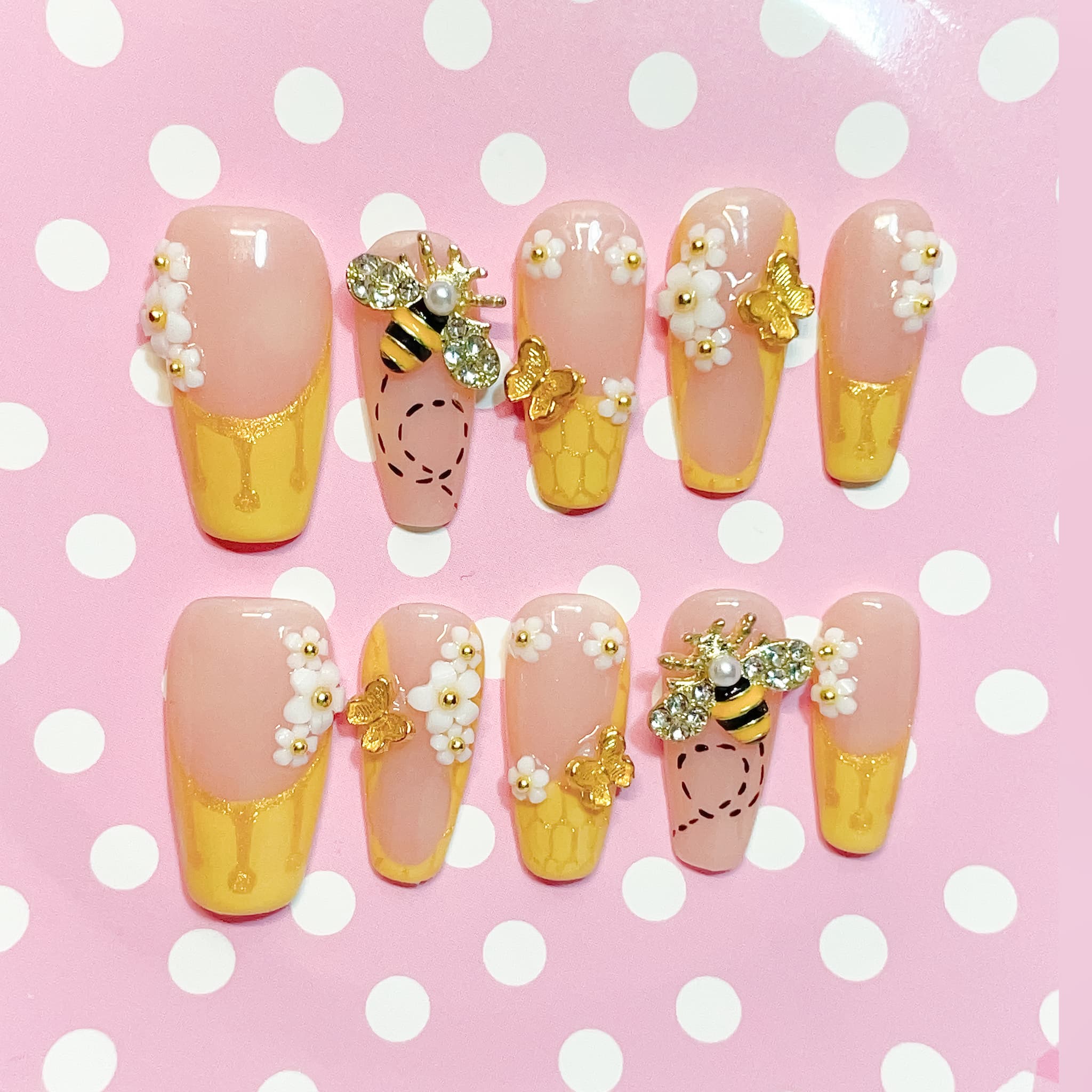 medium length gold coffin press on nails with bee design