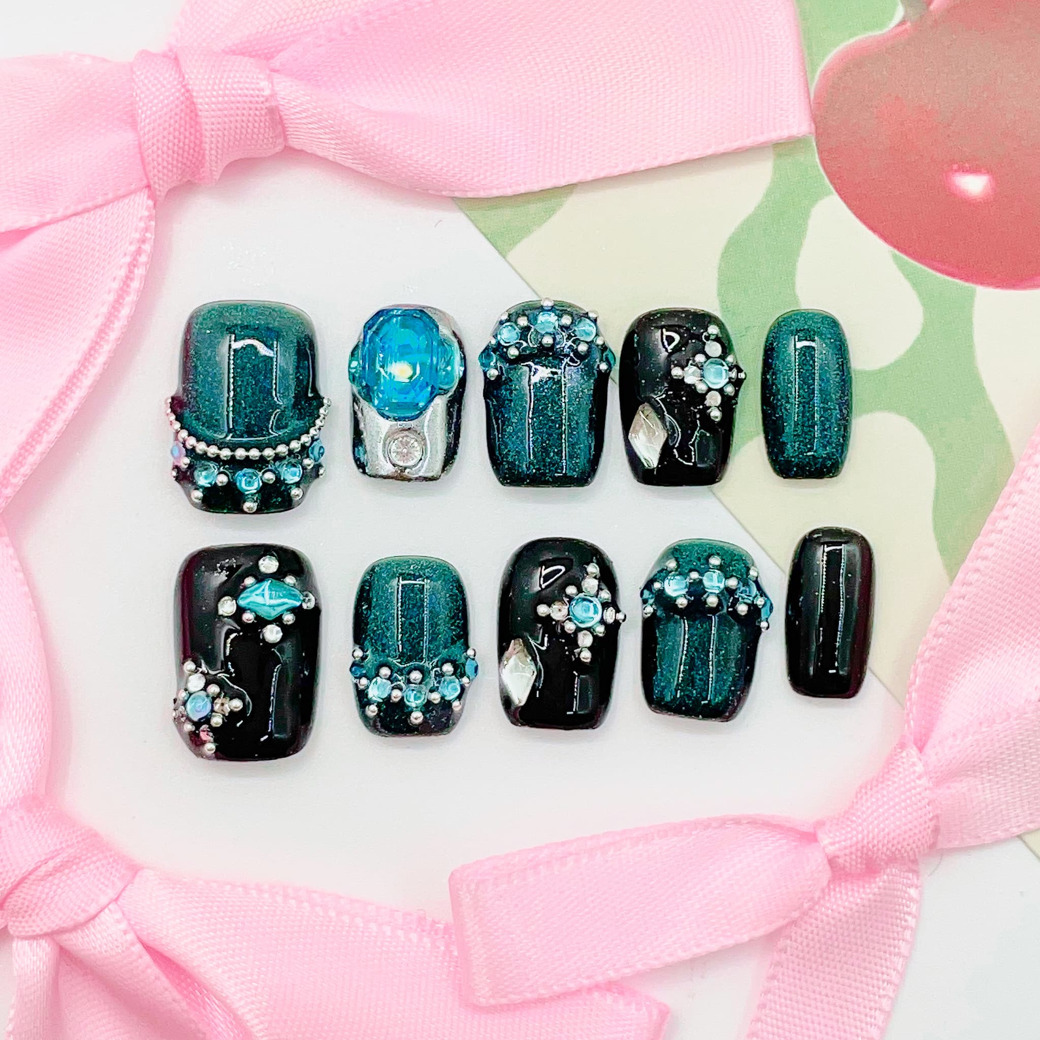 short length teal square press on nails with gemstone and beads