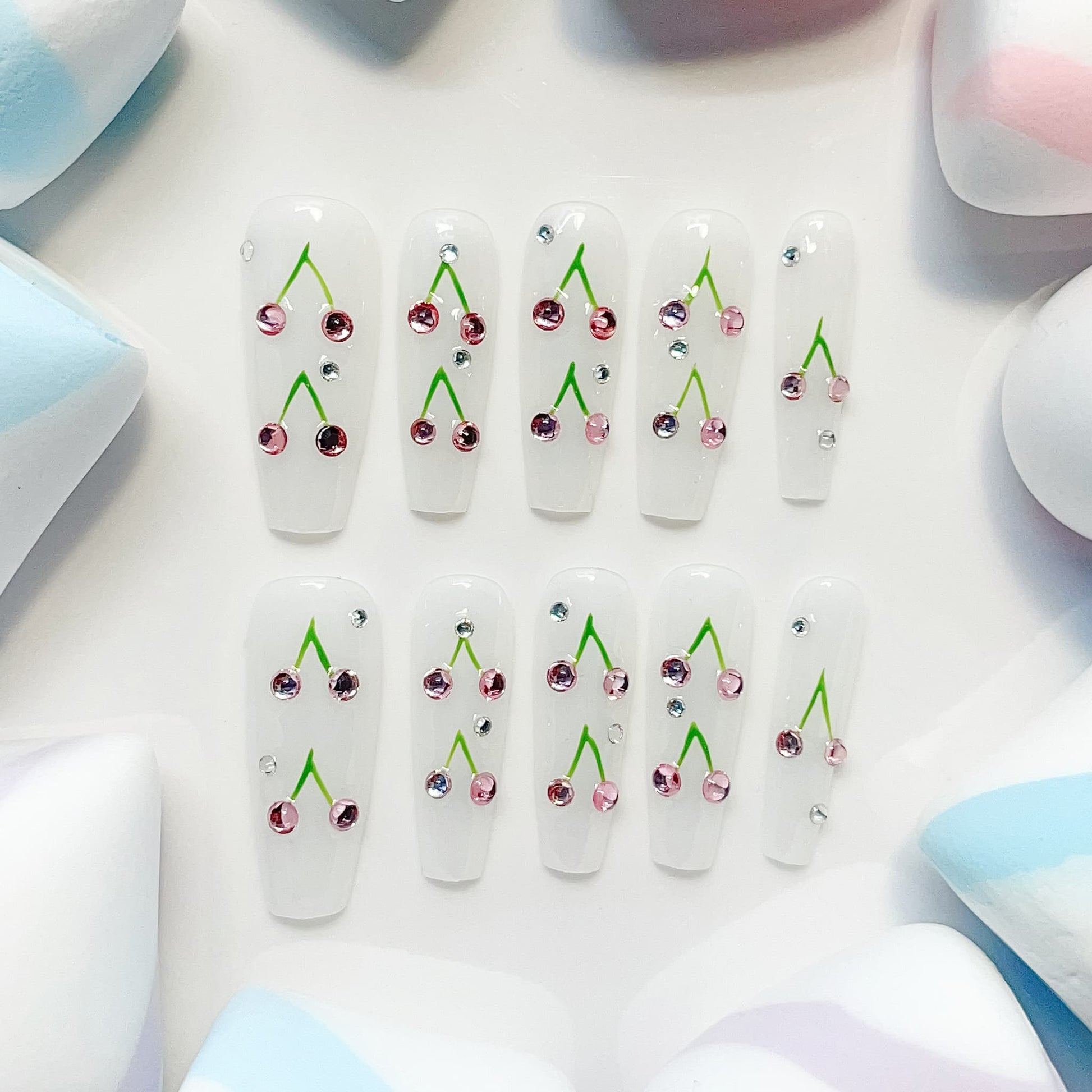 long length white coffin press on nails with cherry design