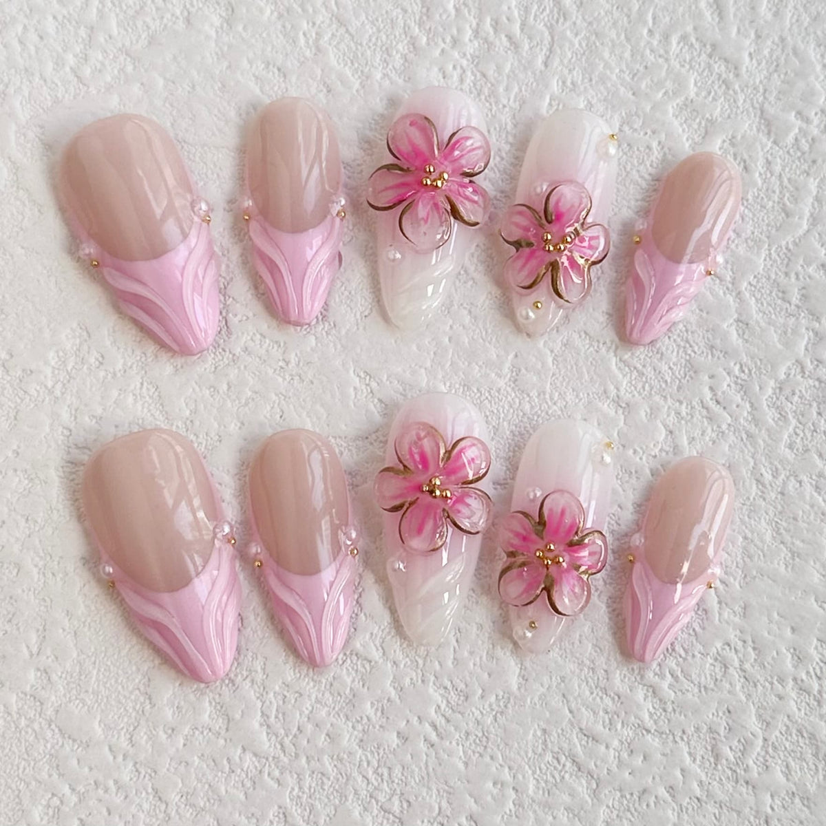 3d pink flower press on nails