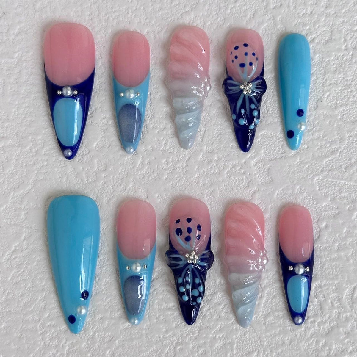 3d press on nails, blue flower press on nails