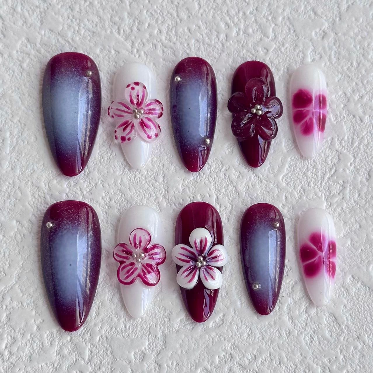 3d flower press on nails, raspberry colour