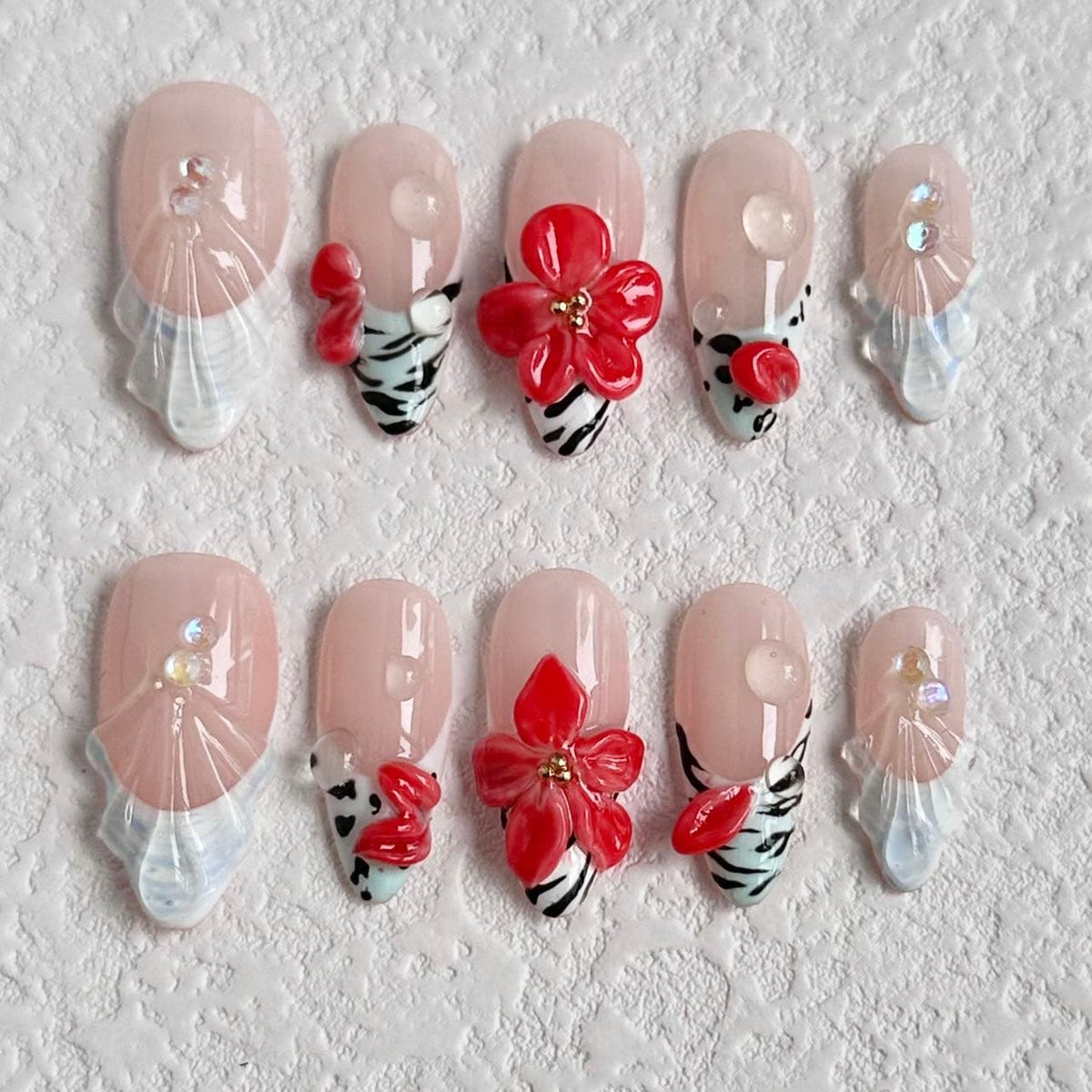 3d red flower press on nails