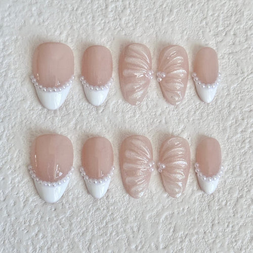 short length white almond press on nails with french tips design