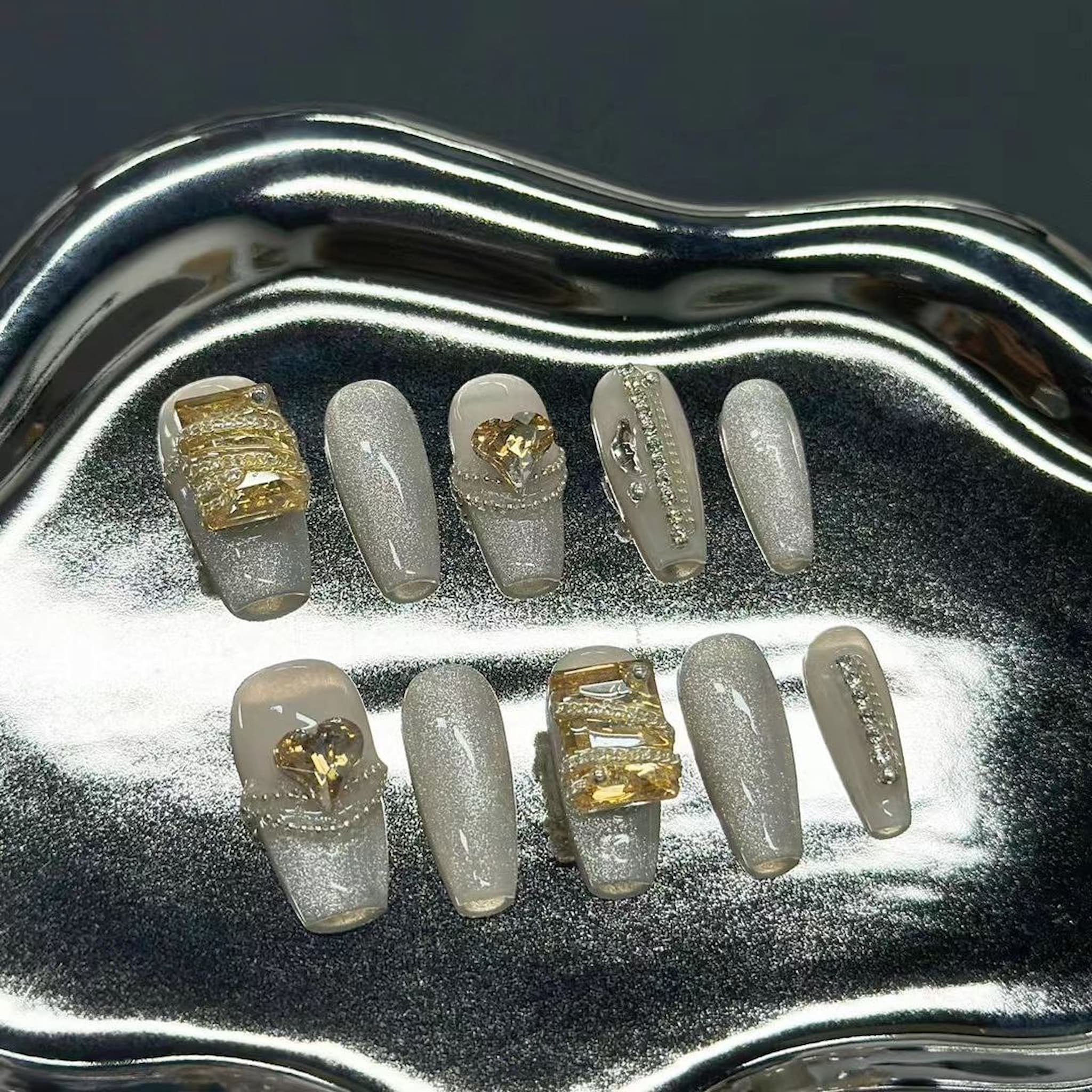 medium silver coffin press on nails with amber/gold charms,cat eye press on nails
