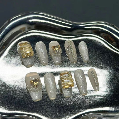medium silver coffin press on nails with amber/gold charms,cat eye press on nails