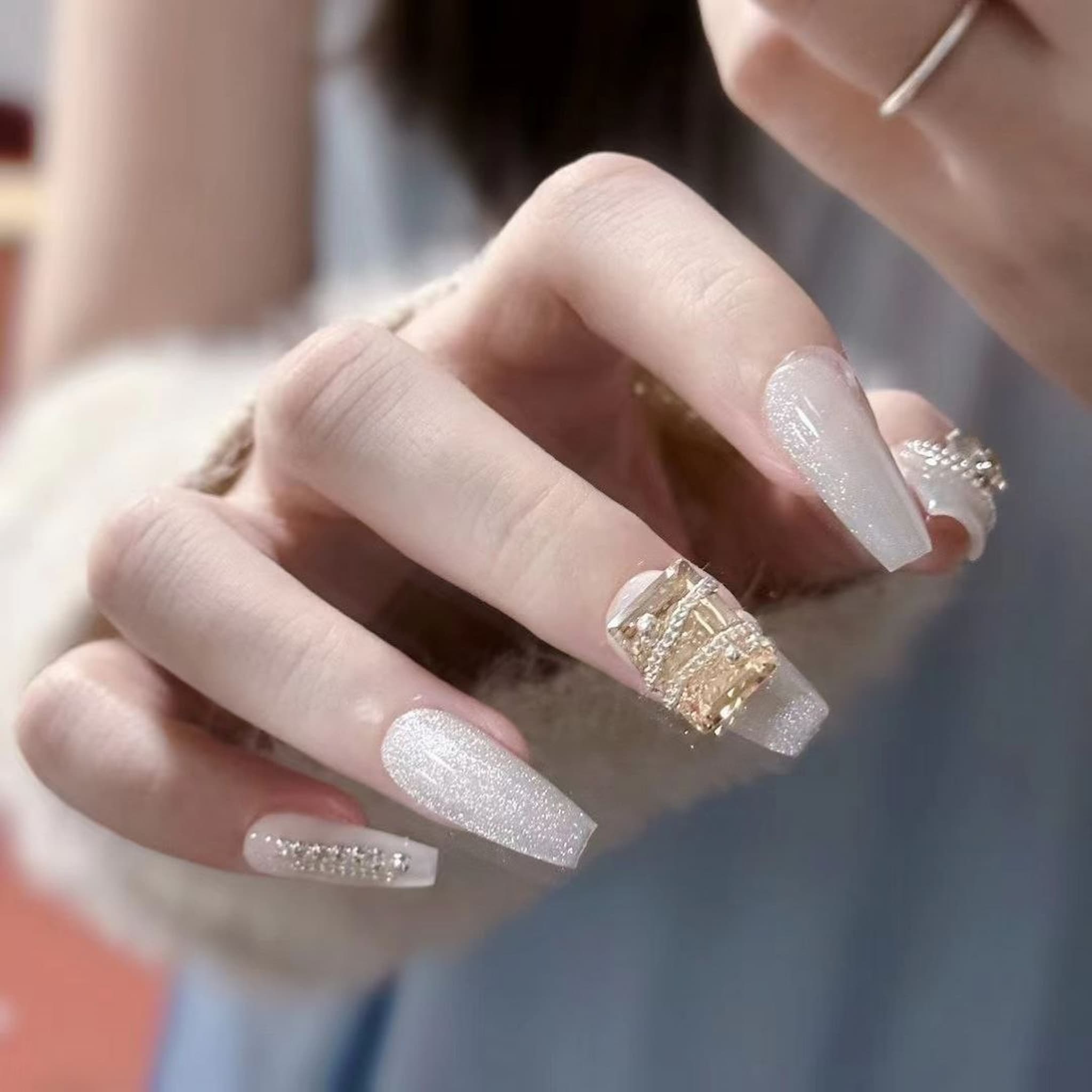 medium silver coffin press on nails with amber/gold charms,cat eye press on nails