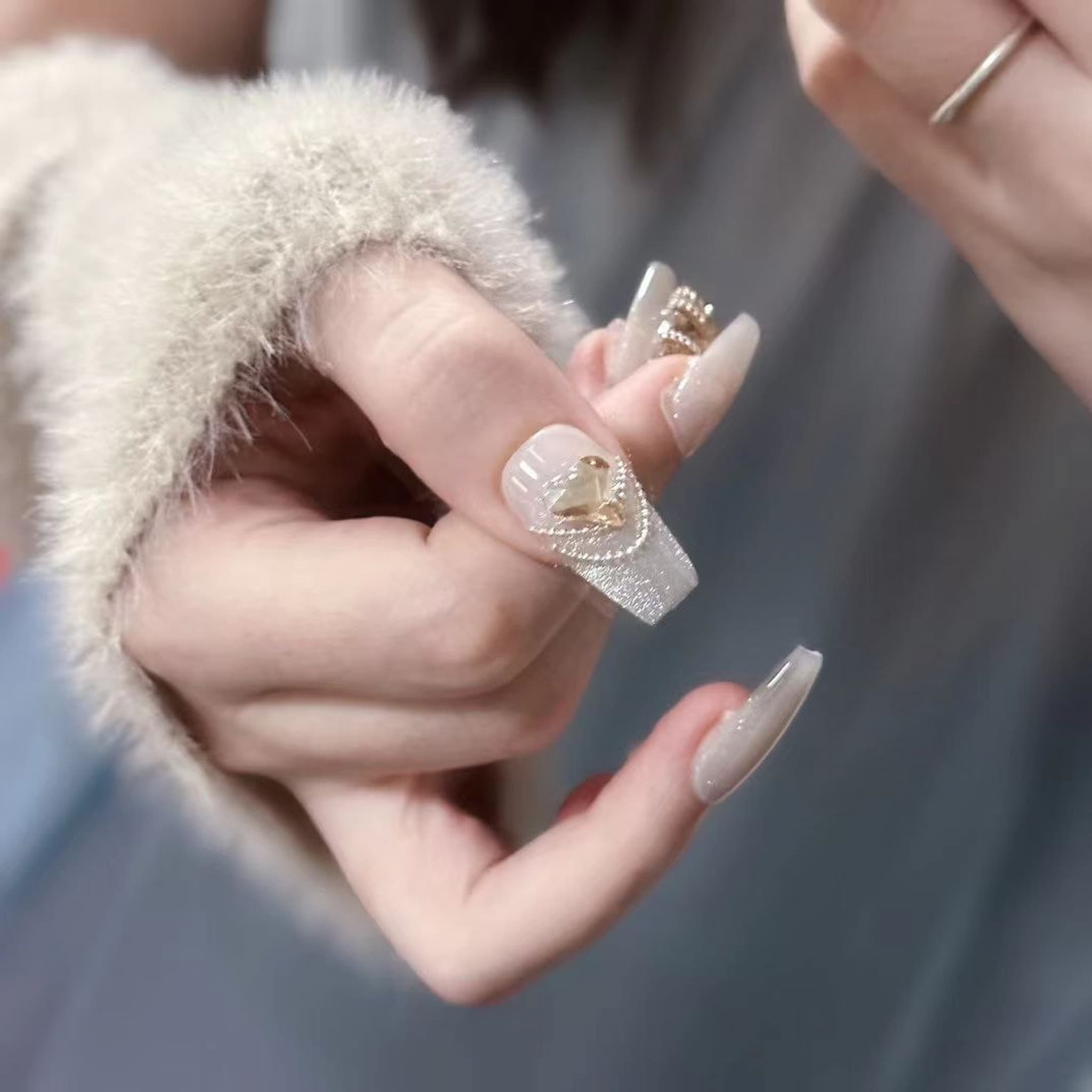 medium silver coffin press on nails with amber/gold charms,cat eye press on nails