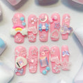 long length light pink square press on nails with star , bows , bear, heart shape and butterfly charm