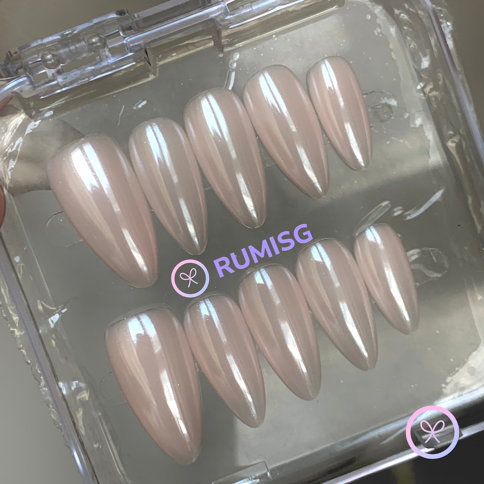 elegant pink glazed medium almond press on nails with milky chrome finish