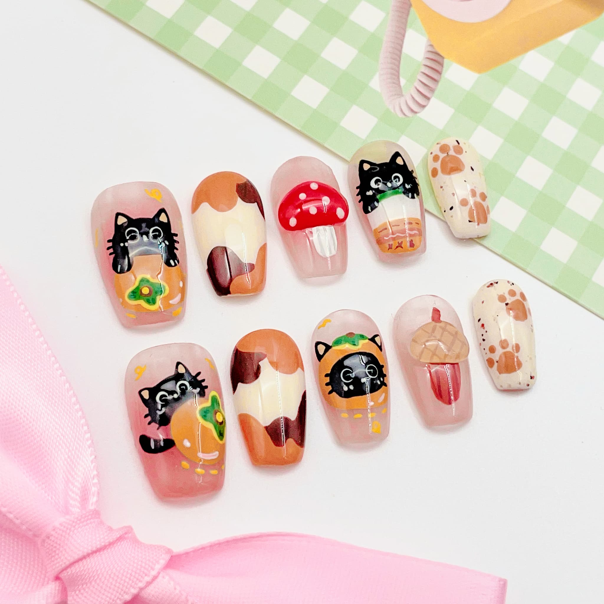 medium length coral coffin press on nails with cat and mushroom design, autumn season design