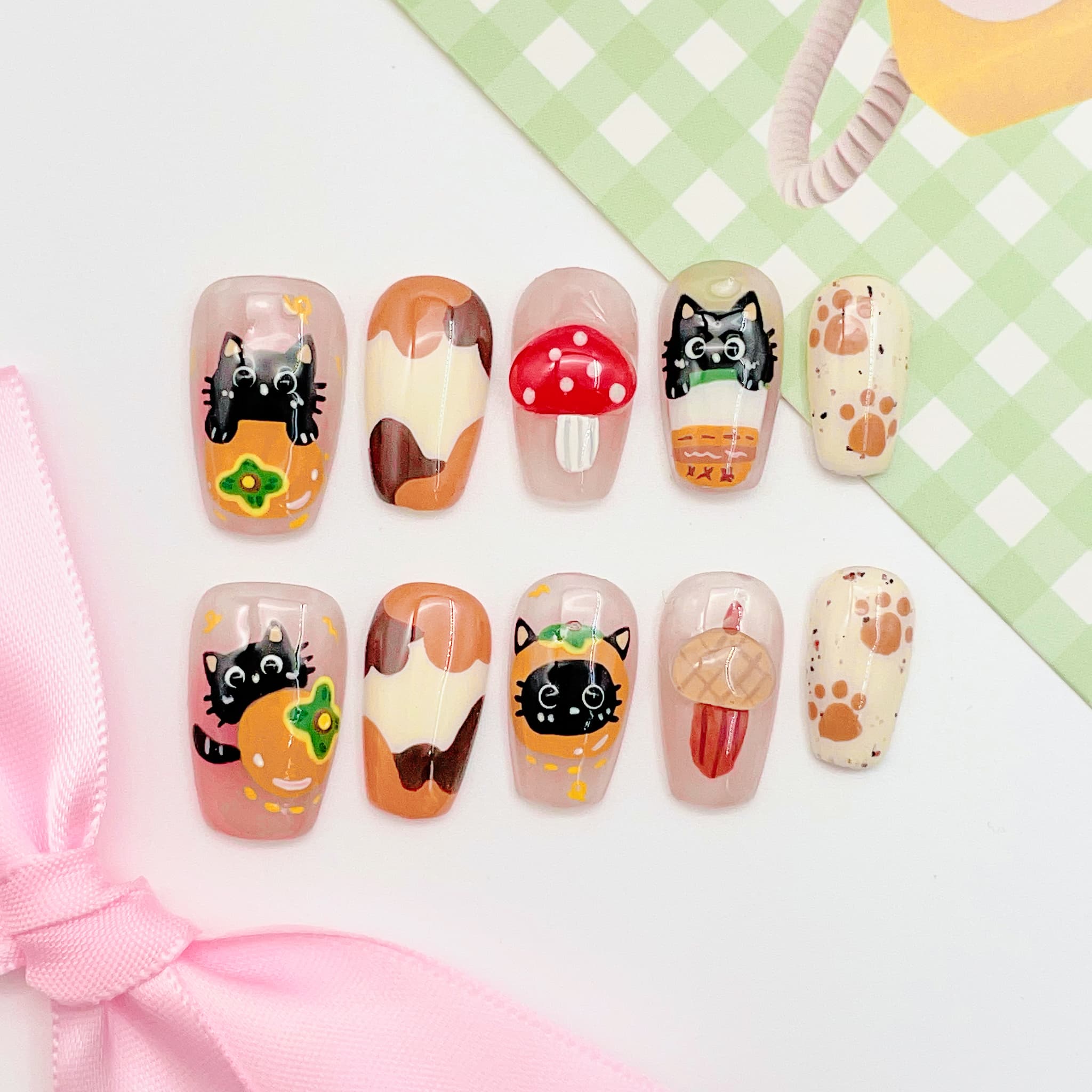 medium length coral coffin press on nails with cat and mushroom design, autumn season design