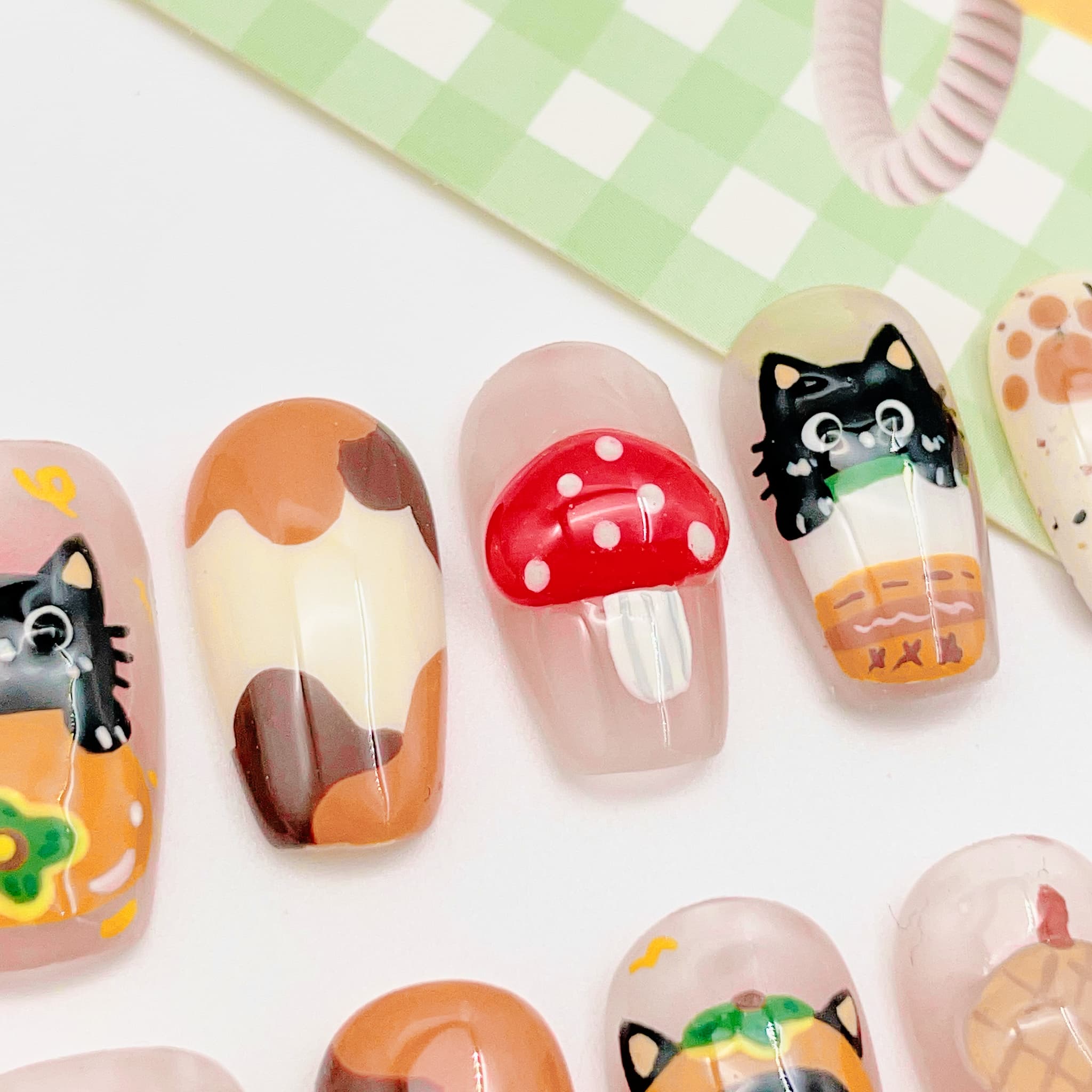medium length coral coffin press on nails with cat and mushroom design, autumn season design