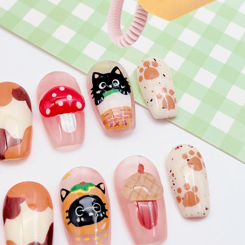 medium length coral coffin press on nails with cat and mushroom design, autumn season design