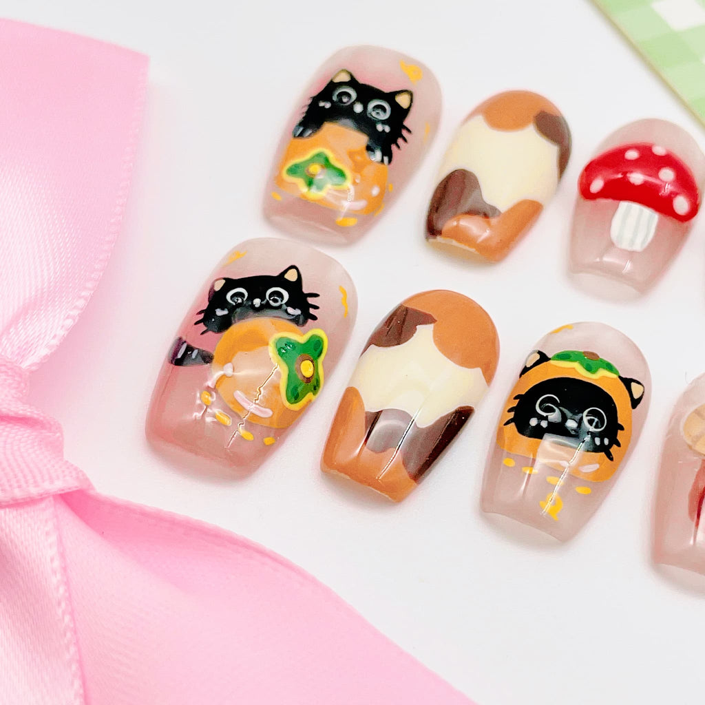 medium length coral coffin press on nails with cat and mushroom design, autumn season design