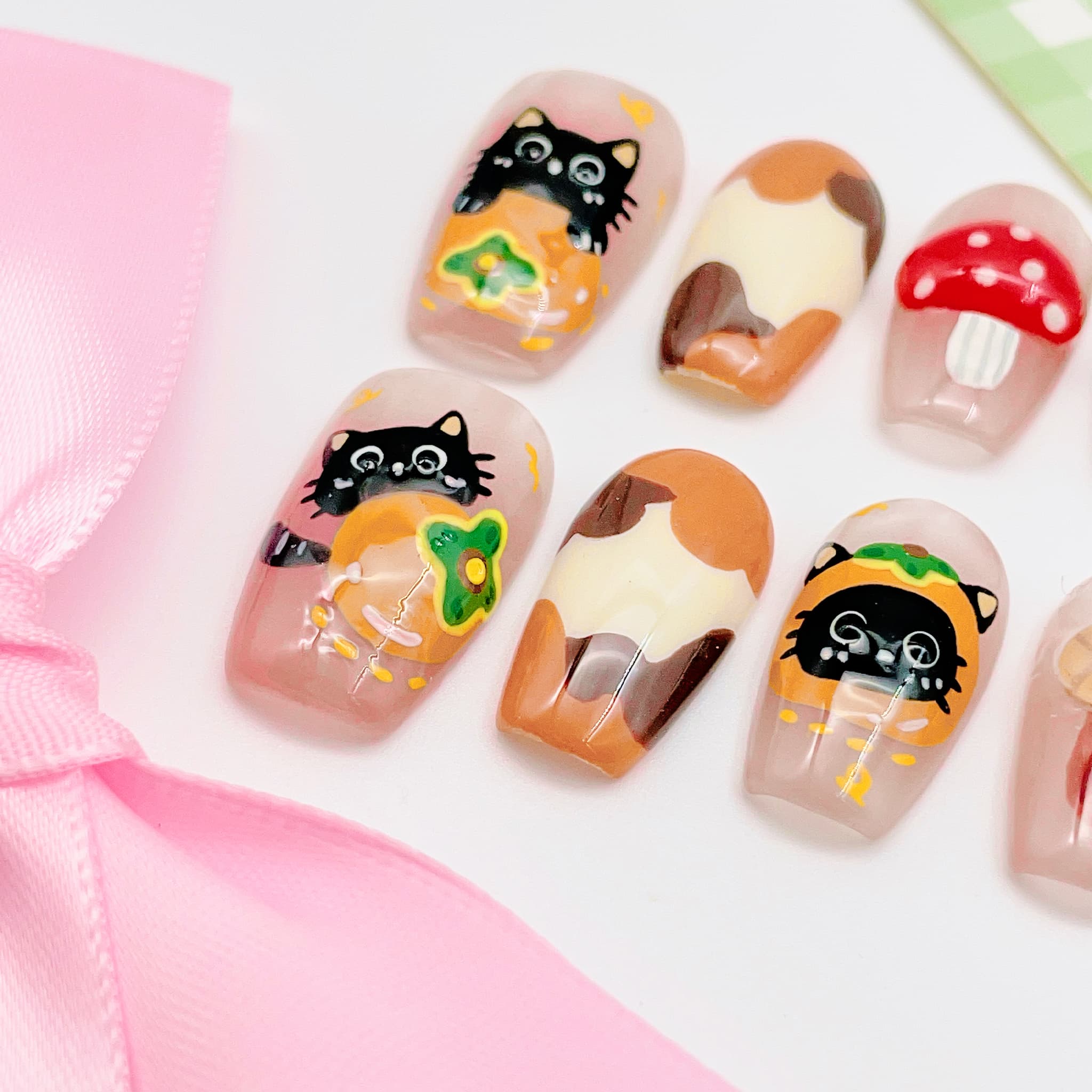 medium length coral coffin press on nails with cat and mushroom design, autumn season design
