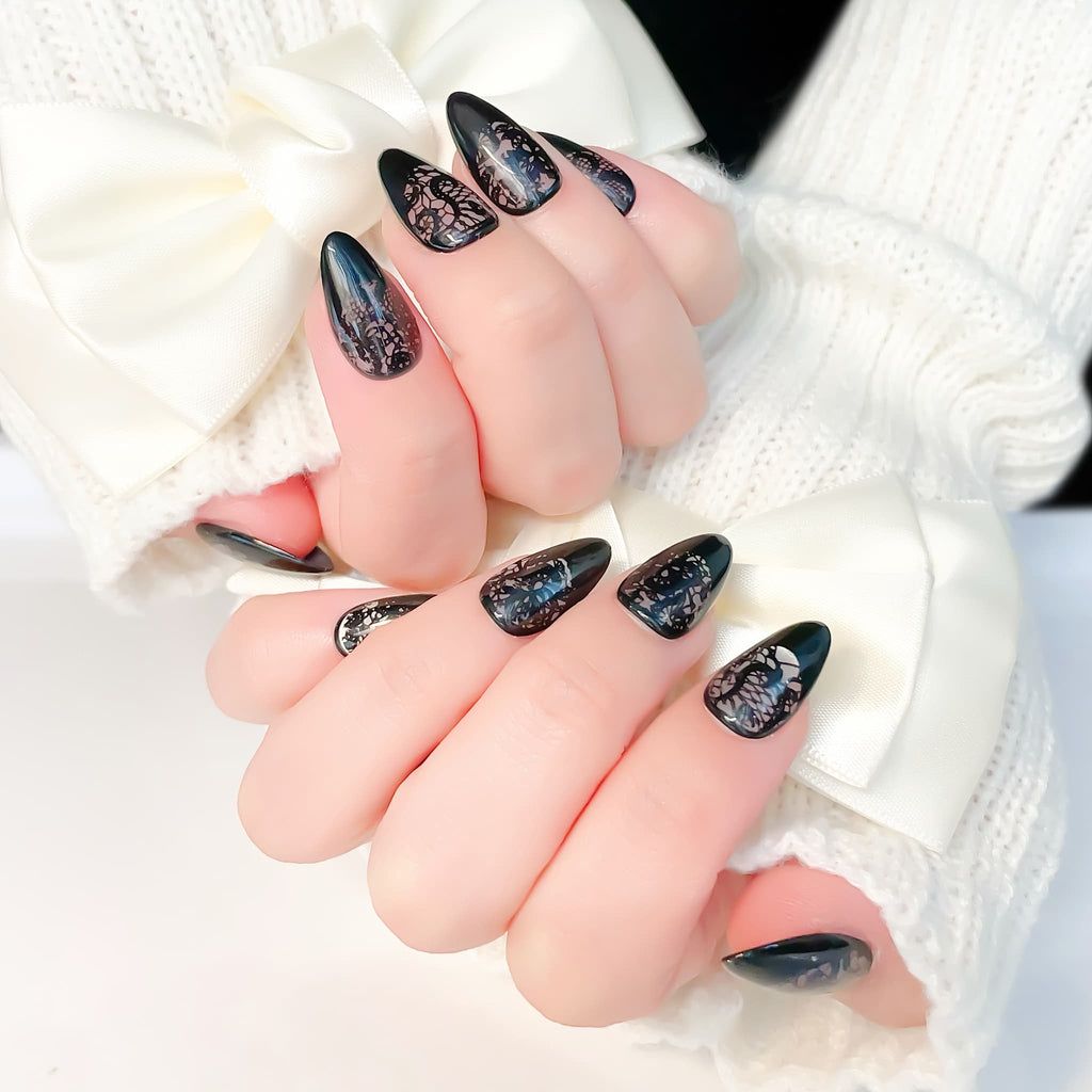 short length black almond press on nails with lace design