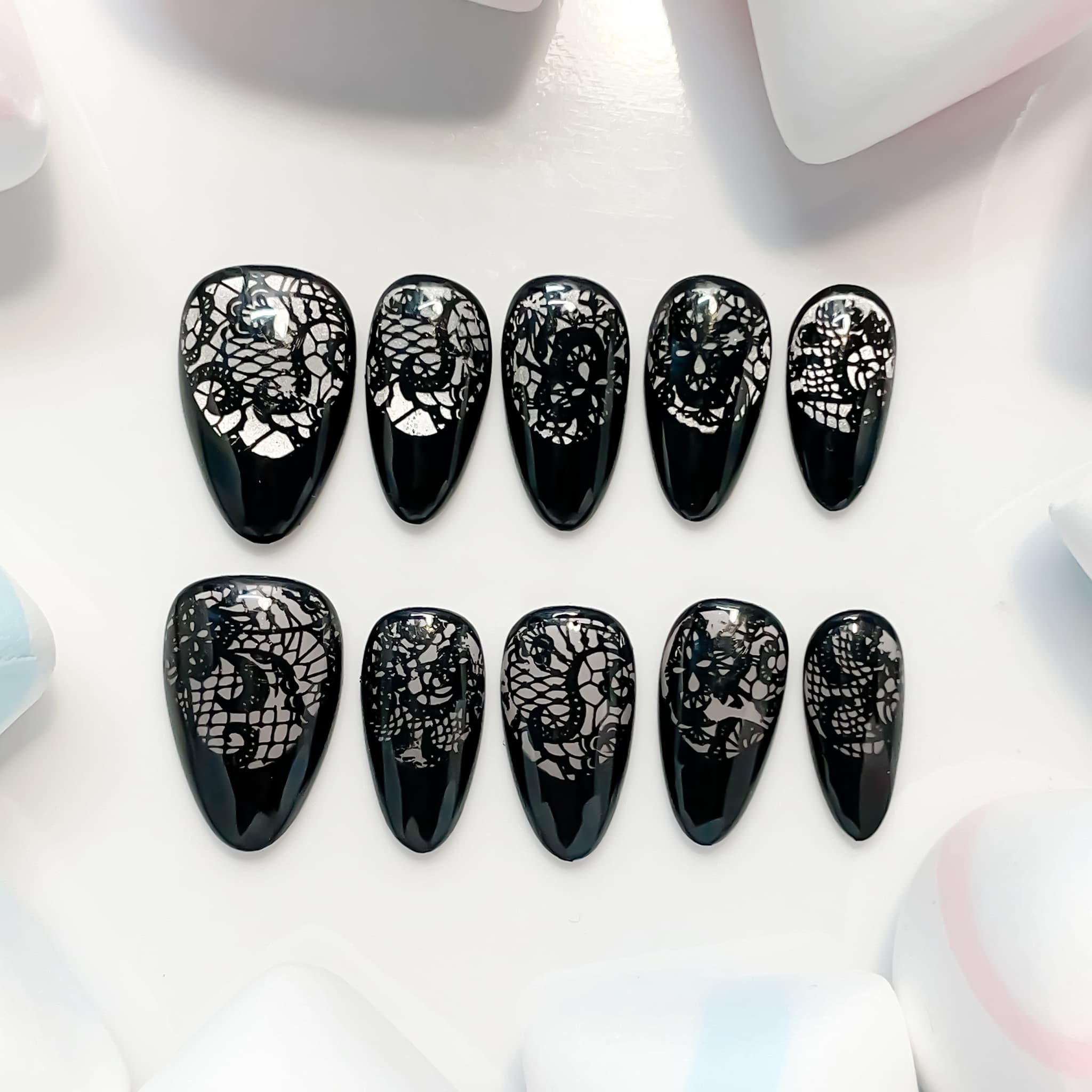 short length black almond press on nails with lace design