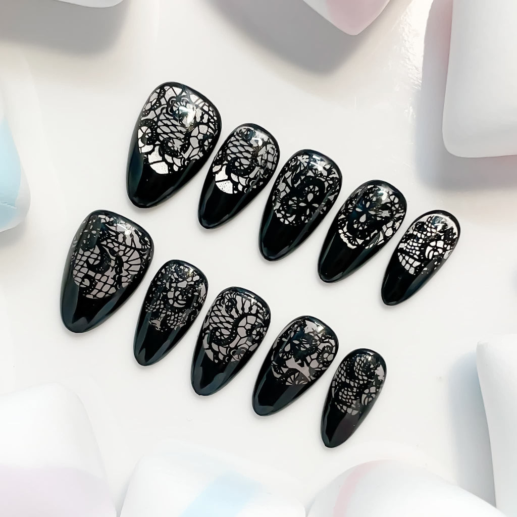 short length black almond press on nails with lace design