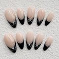 medium length nude almond press on nails with black french tips design