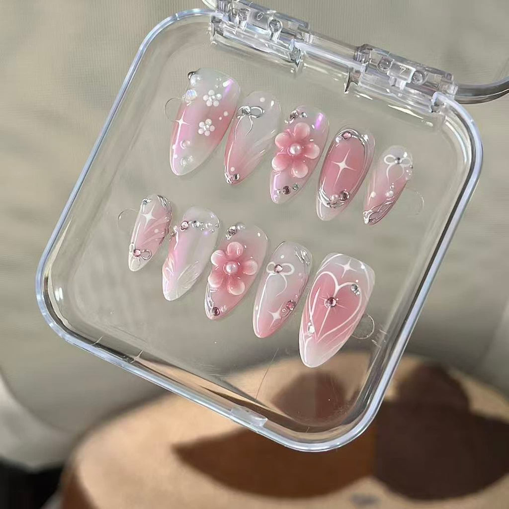 elegant pink glossy medium almond press on nails with pink blush and 3d flowers and heart motifs