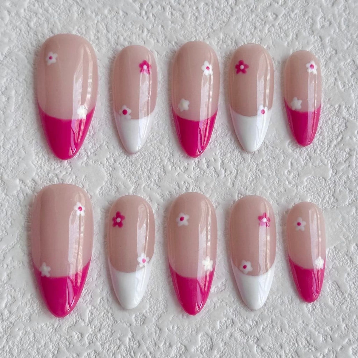 medium deep pink almond press on nails with small flowers, cute press on nails