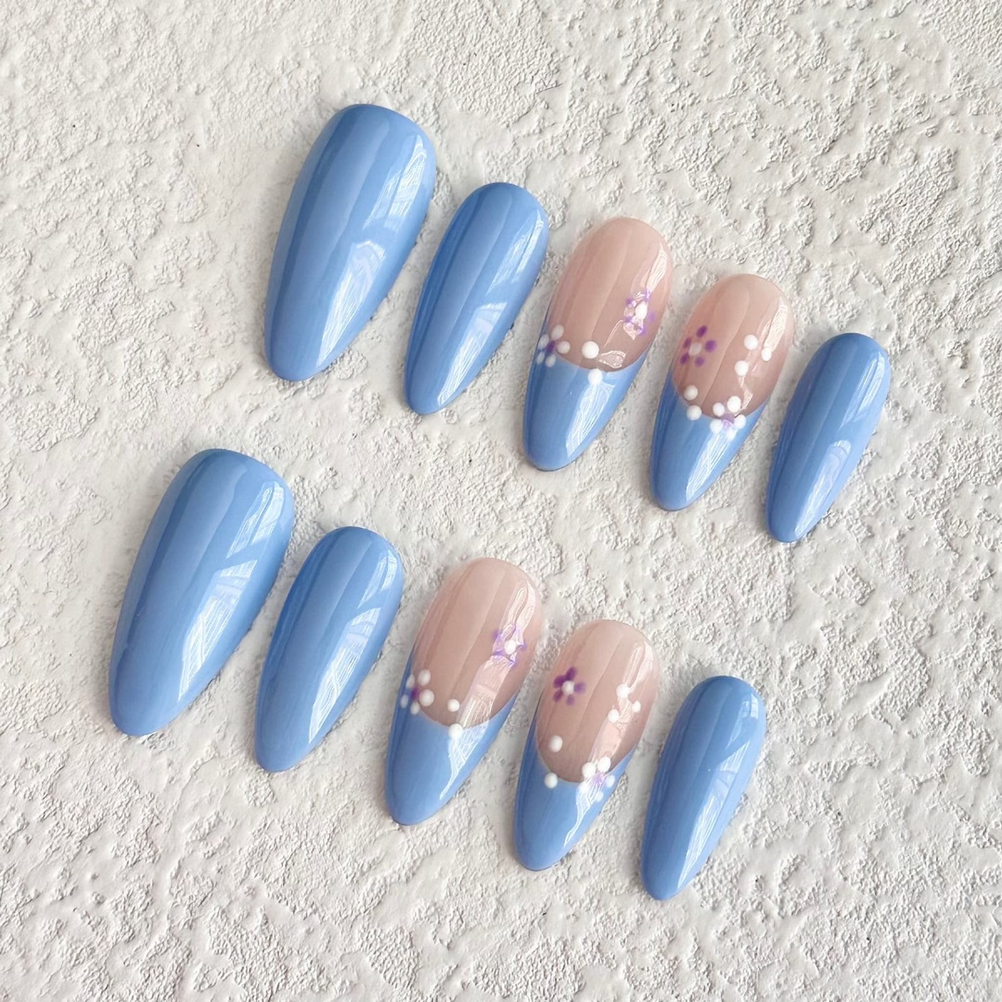 medium length light sky blue almond press on nails with aster design