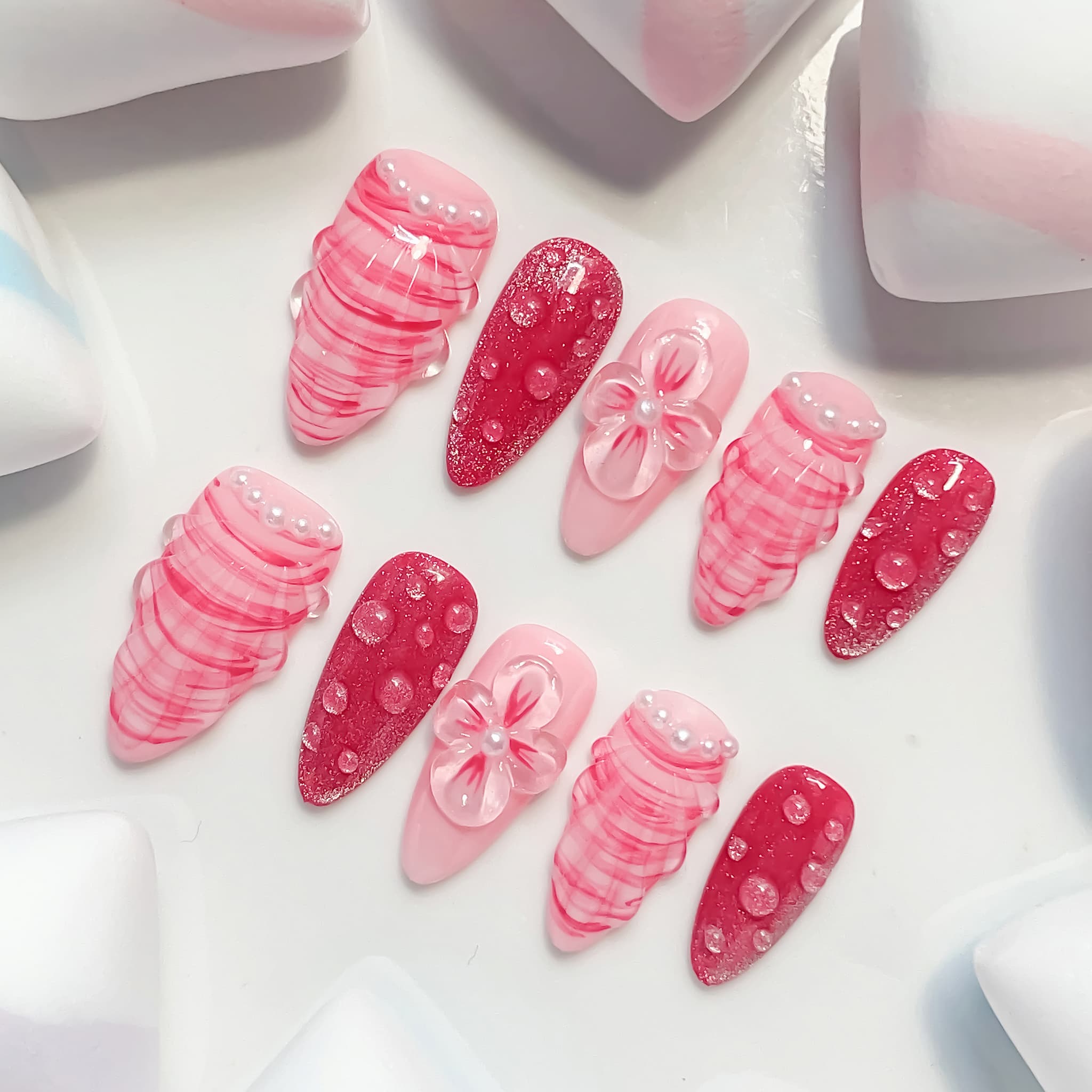 medium length hot pink almond press on nails with seashell designs