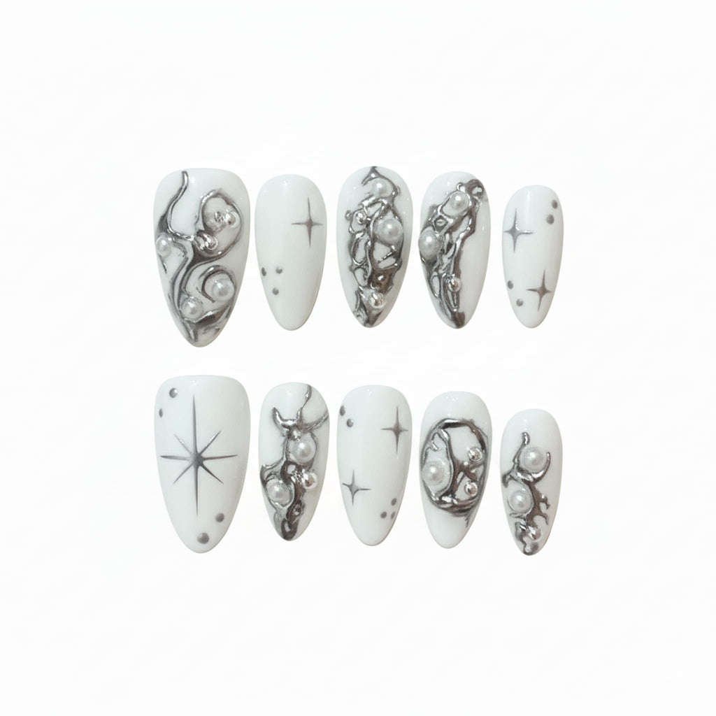 celestial white glossy medium almond press on nails with celestial design and pearls