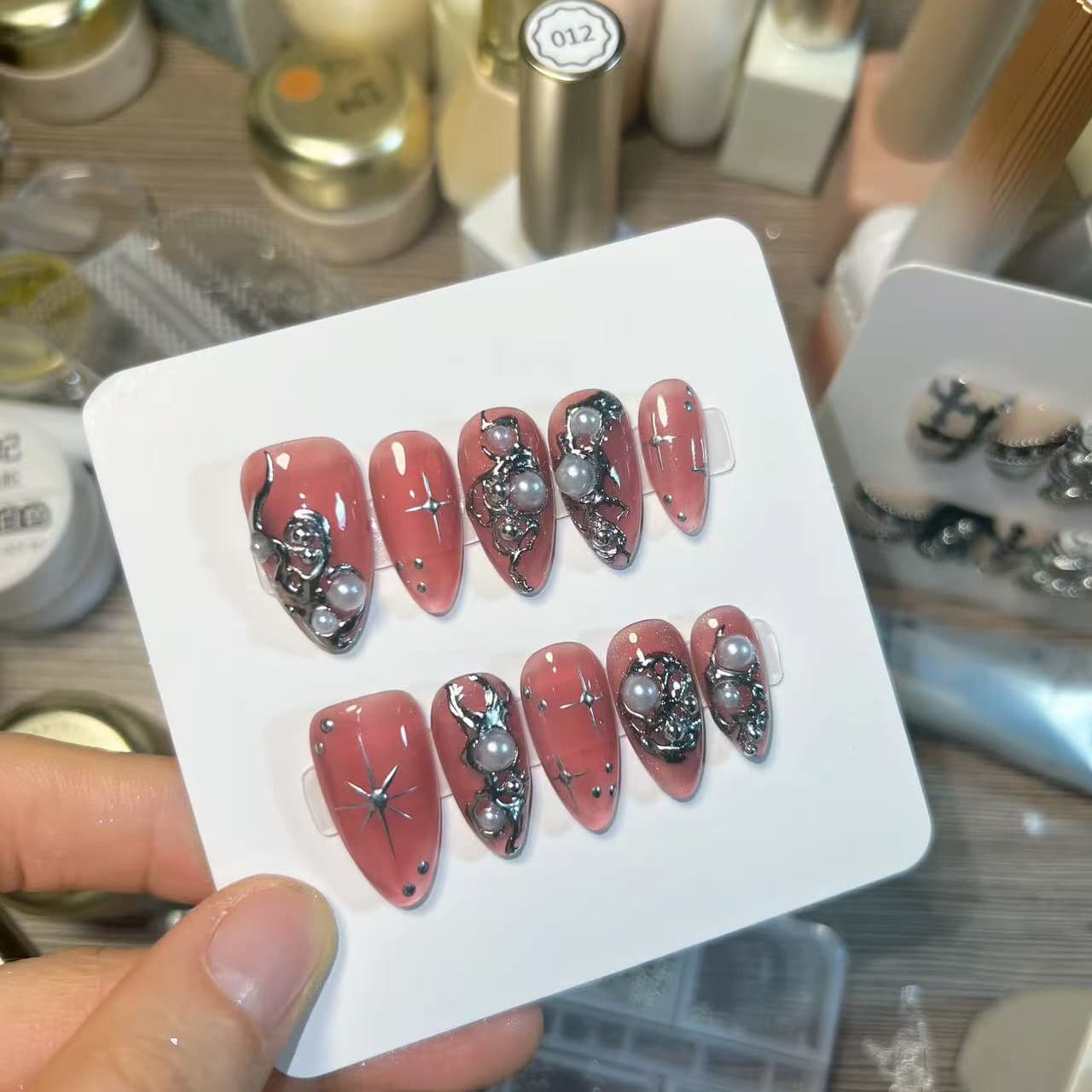 red medium almond press on nails