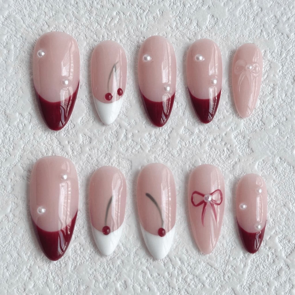 medium length dark red almond press on nails with cherry designs, cherry press on nails