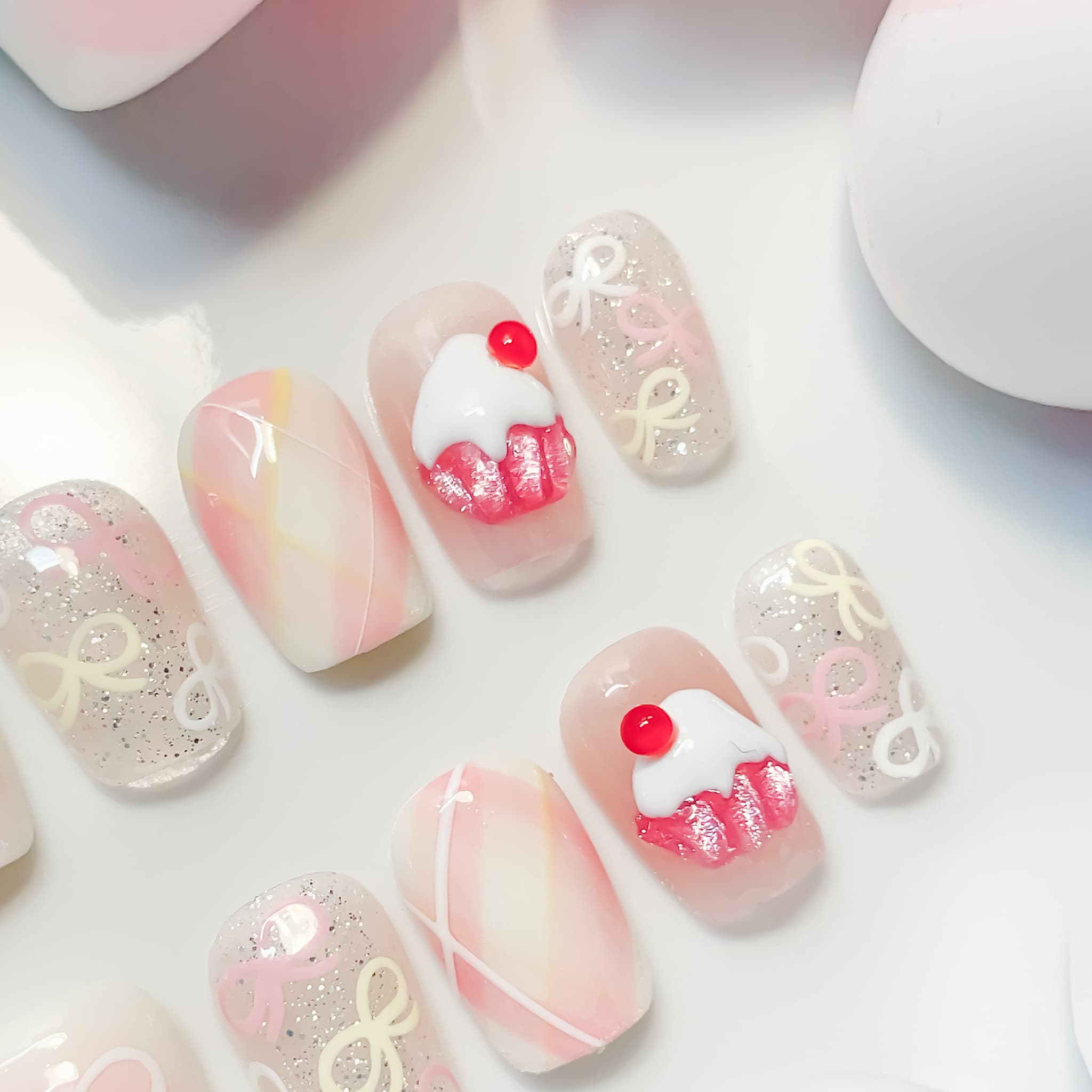 short length light pink coffin press on nails with cupcake and cherries 