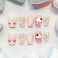 short length light pink coffin press on nails with cupcake and cherries 
