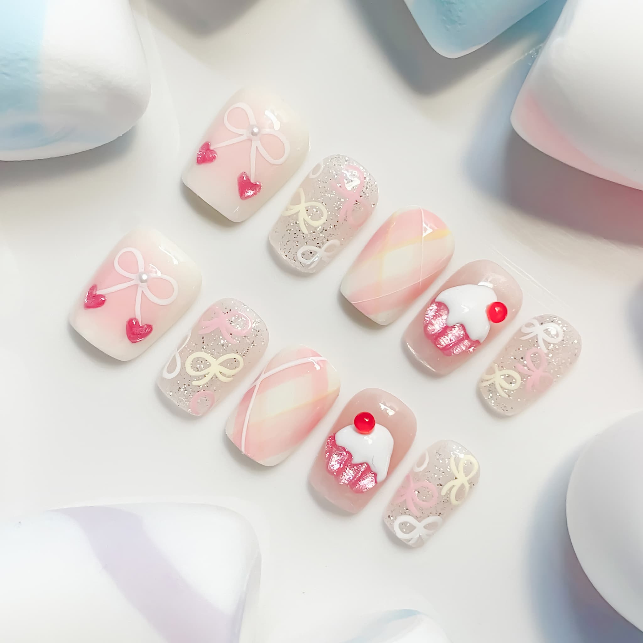 short length light pink coffin press on nails with cupcake and cherries 