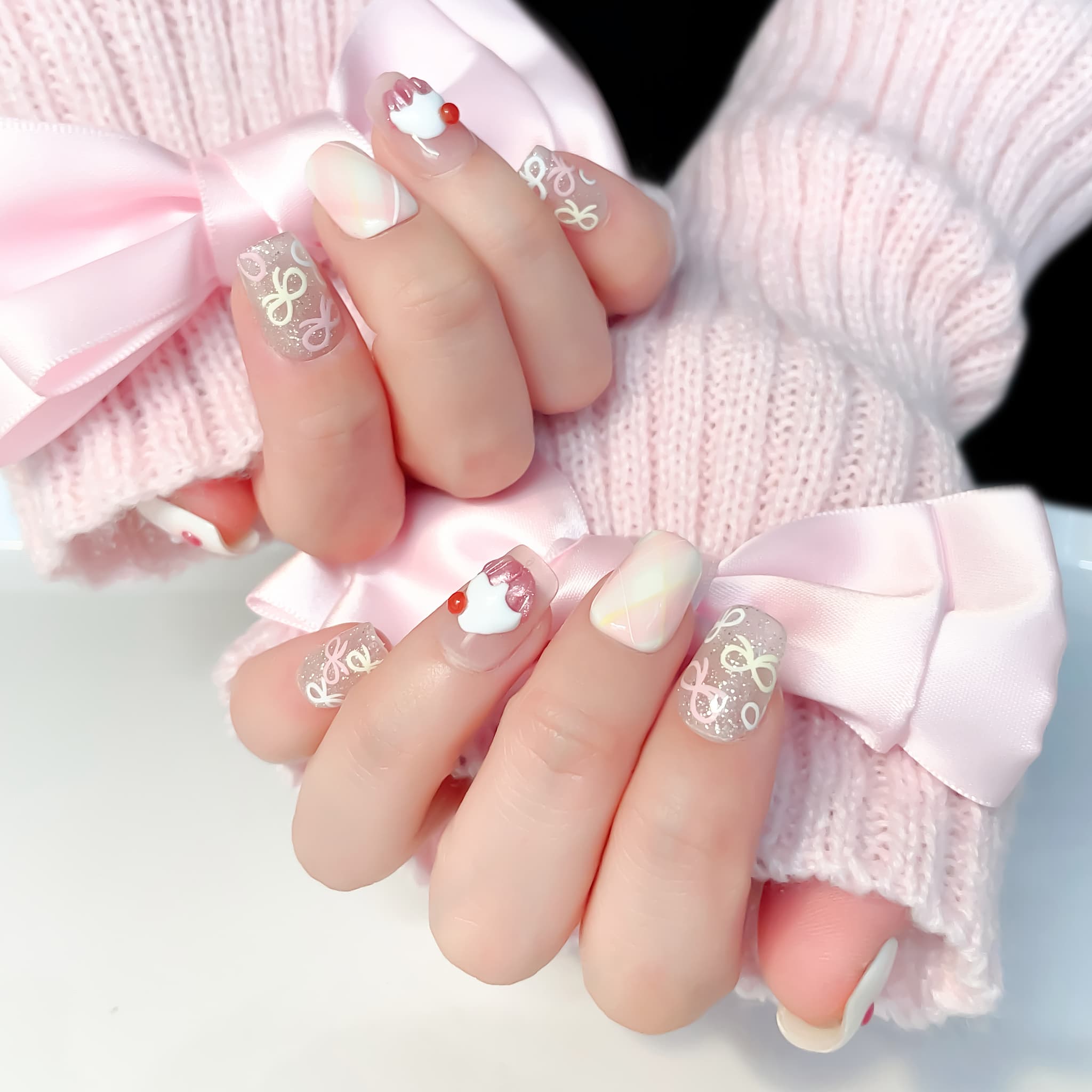 short length light pink coffin press on nails with cupcake and cherries 