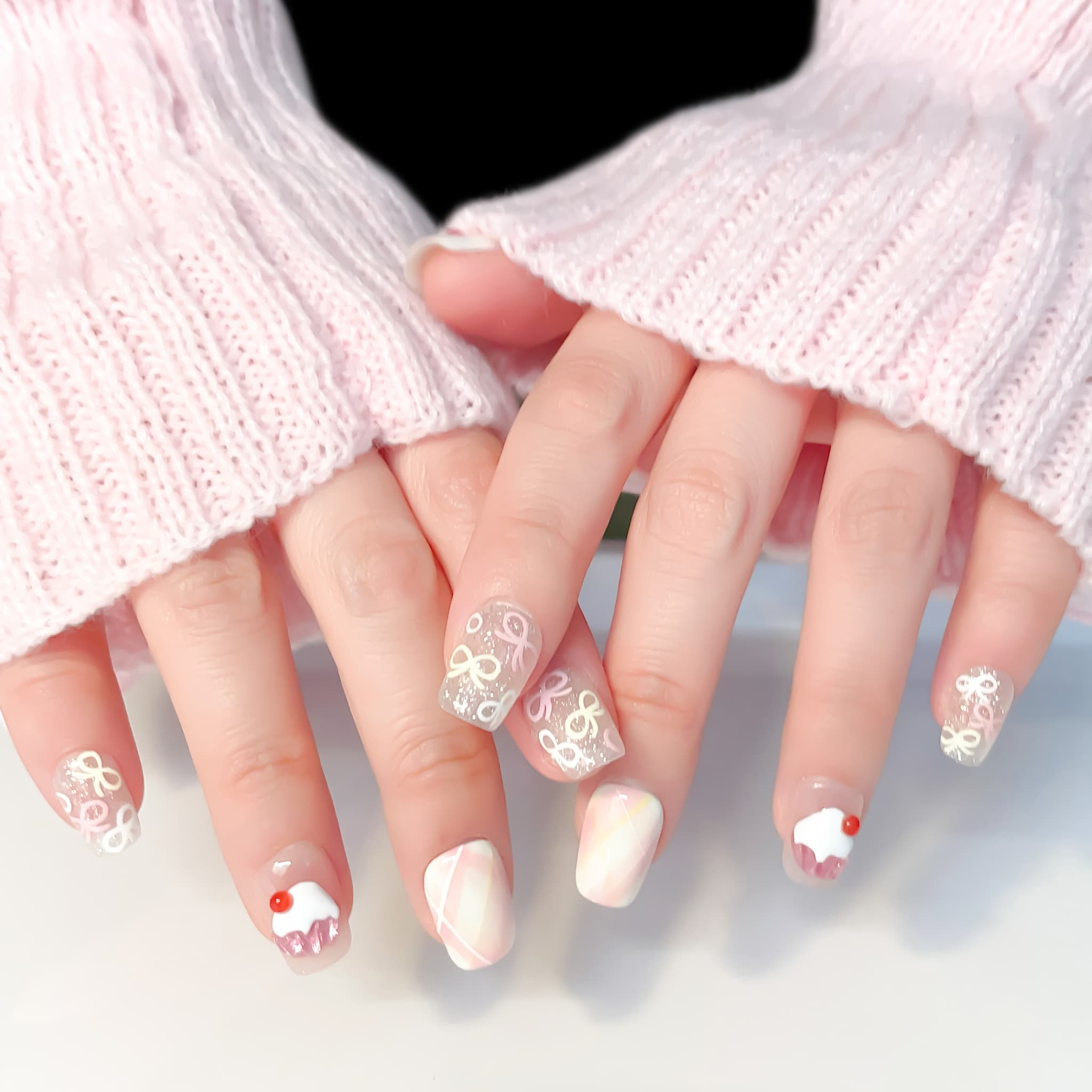 short length light pink coffin press on nails with cupcake and cherries 