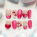 short length deep pink coffin press on nails with cherry and pearls design