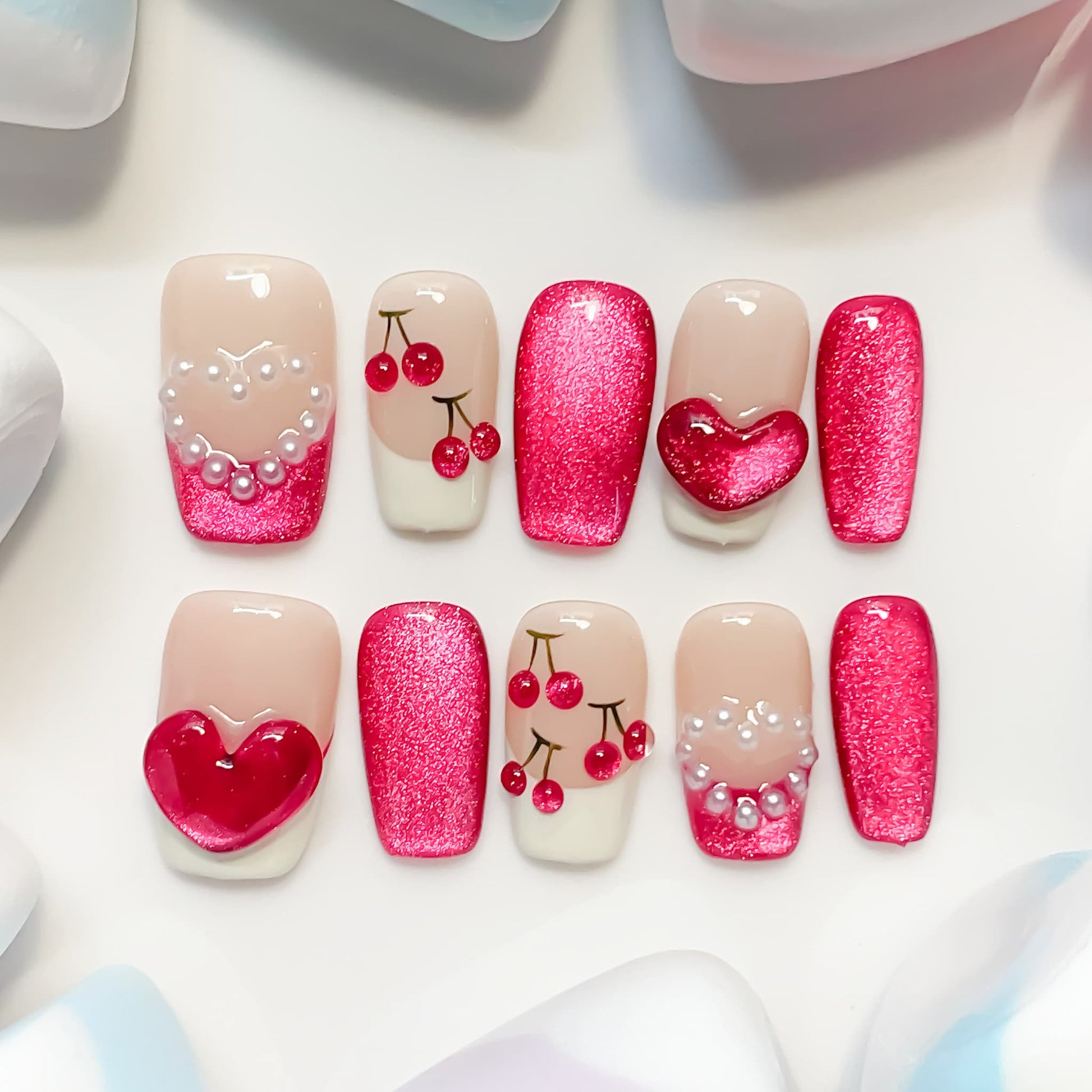 short length deep pink coffin press on nails with cherry and pearls design