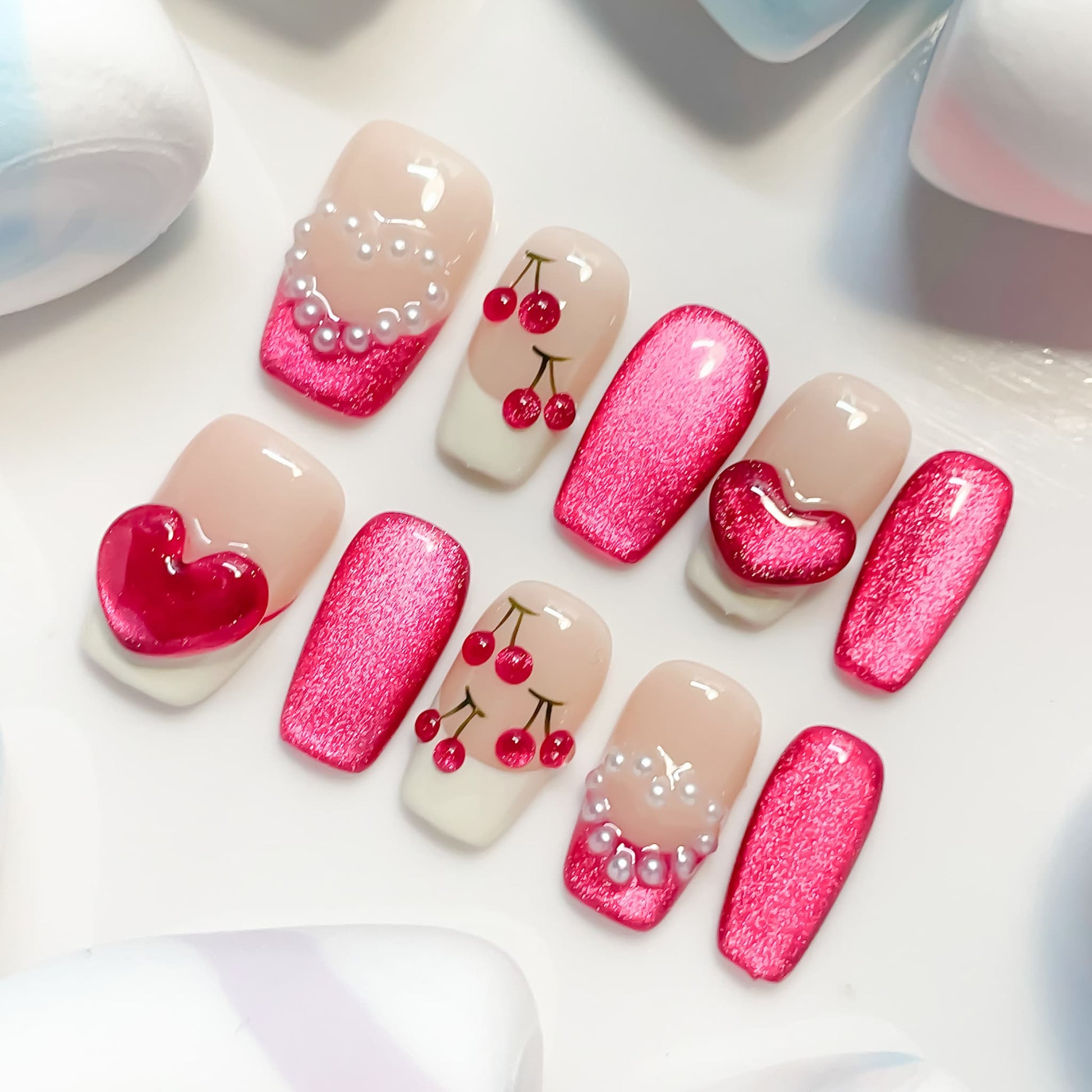 short length deep pink coffin press on nails with cherry and pearls design