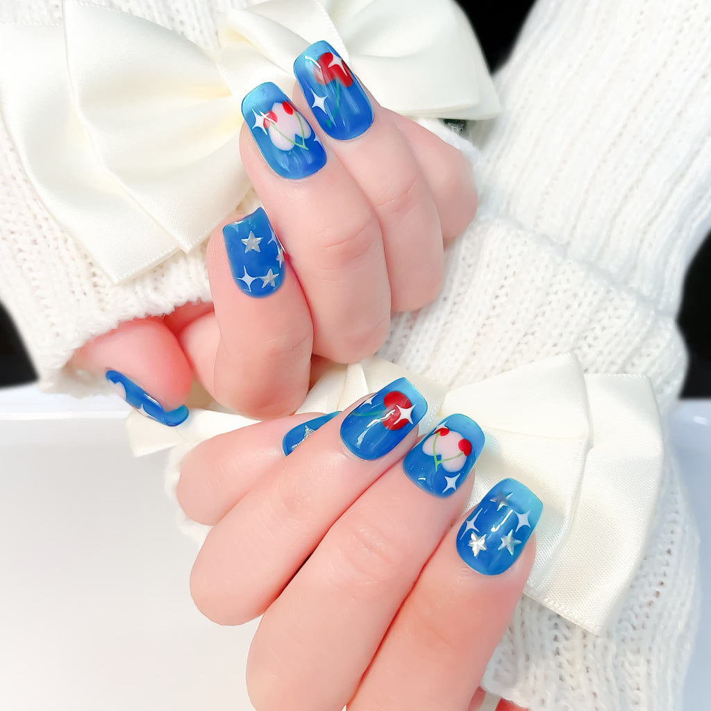 short length deep sky blue coffin press on nails with cherry and star designs