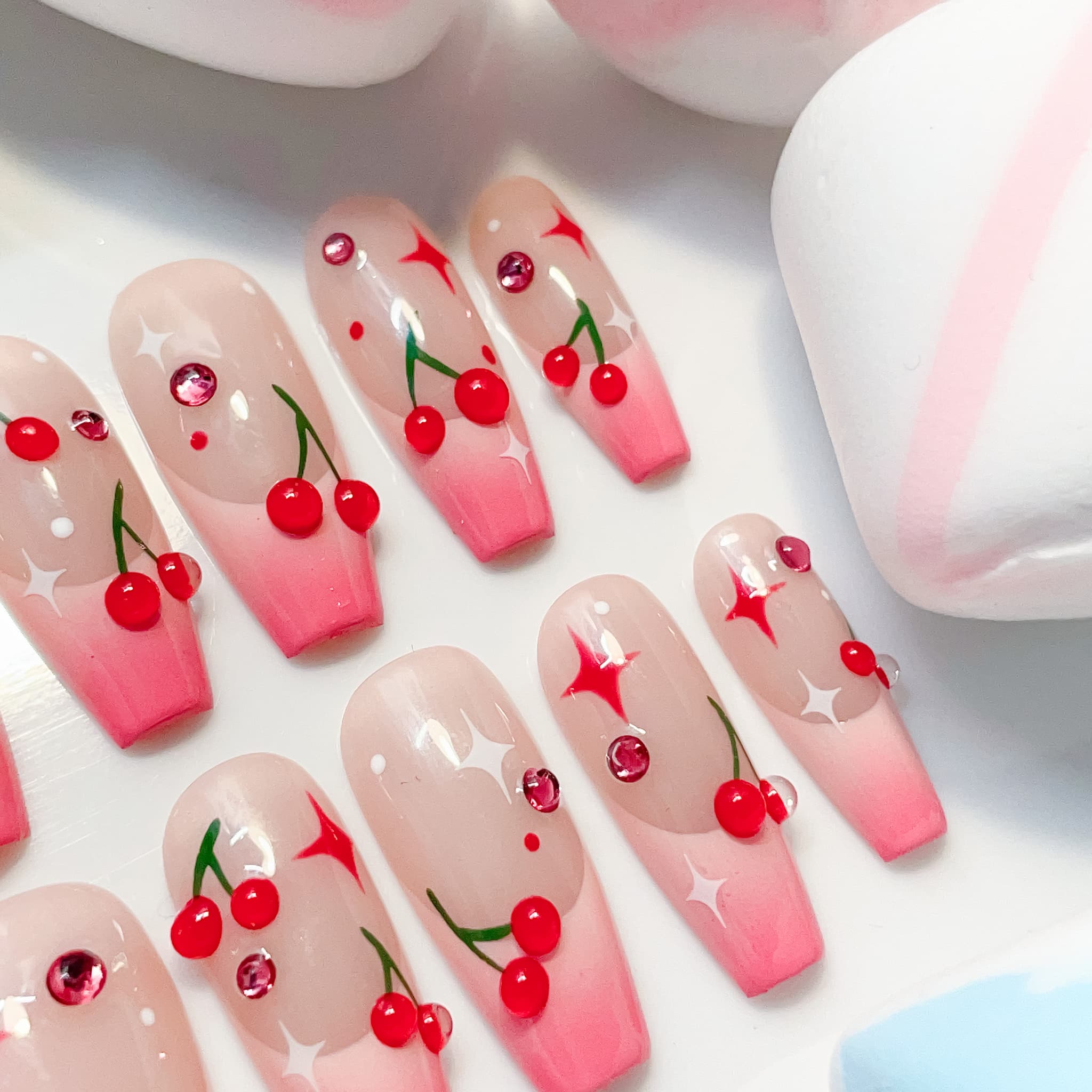 medium length hot pink coffin press on nails with cherry designs