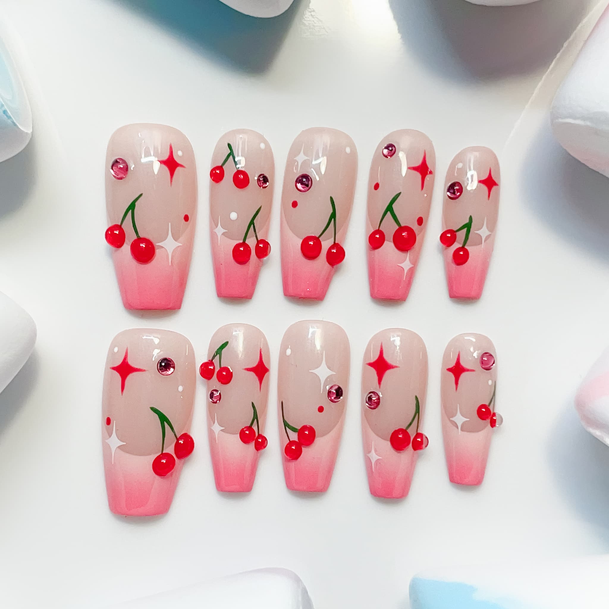 medium length hot pink coffin press on nails with cherry designs