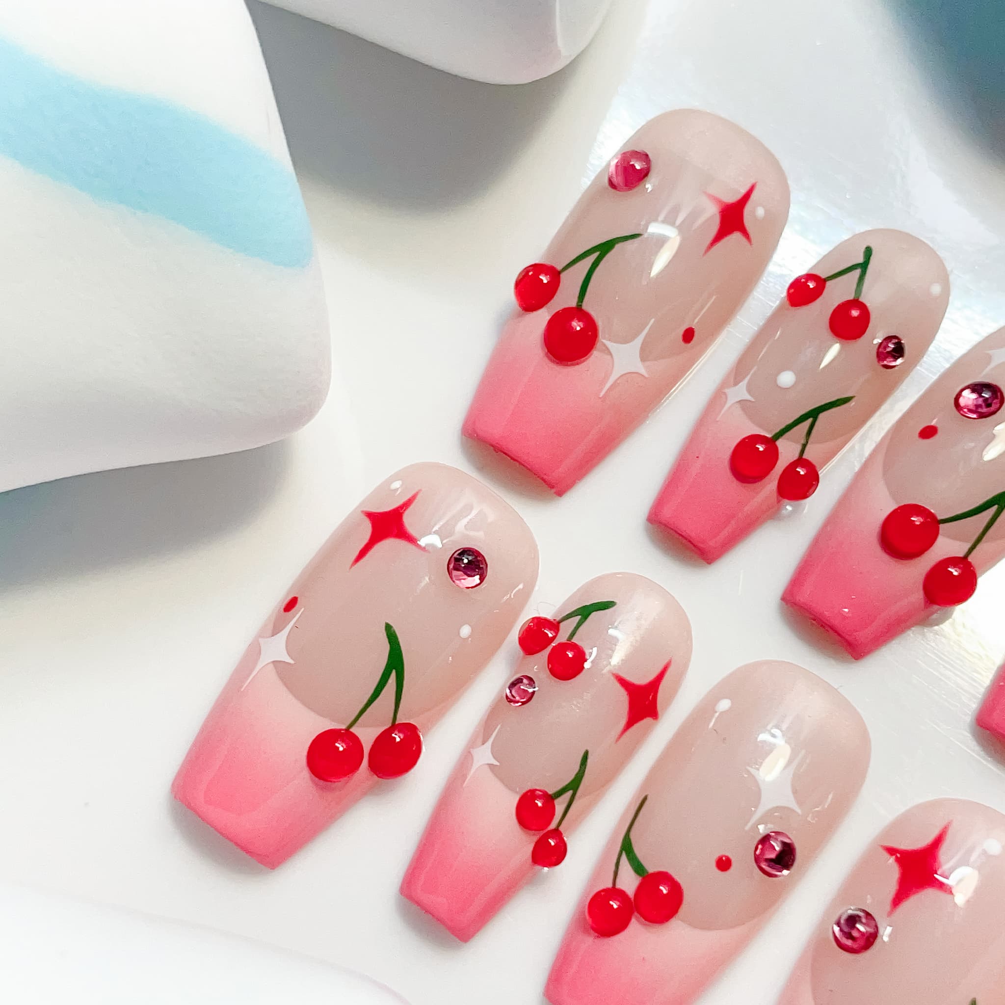 medium length hot pink coffin press on nails with cherry designs