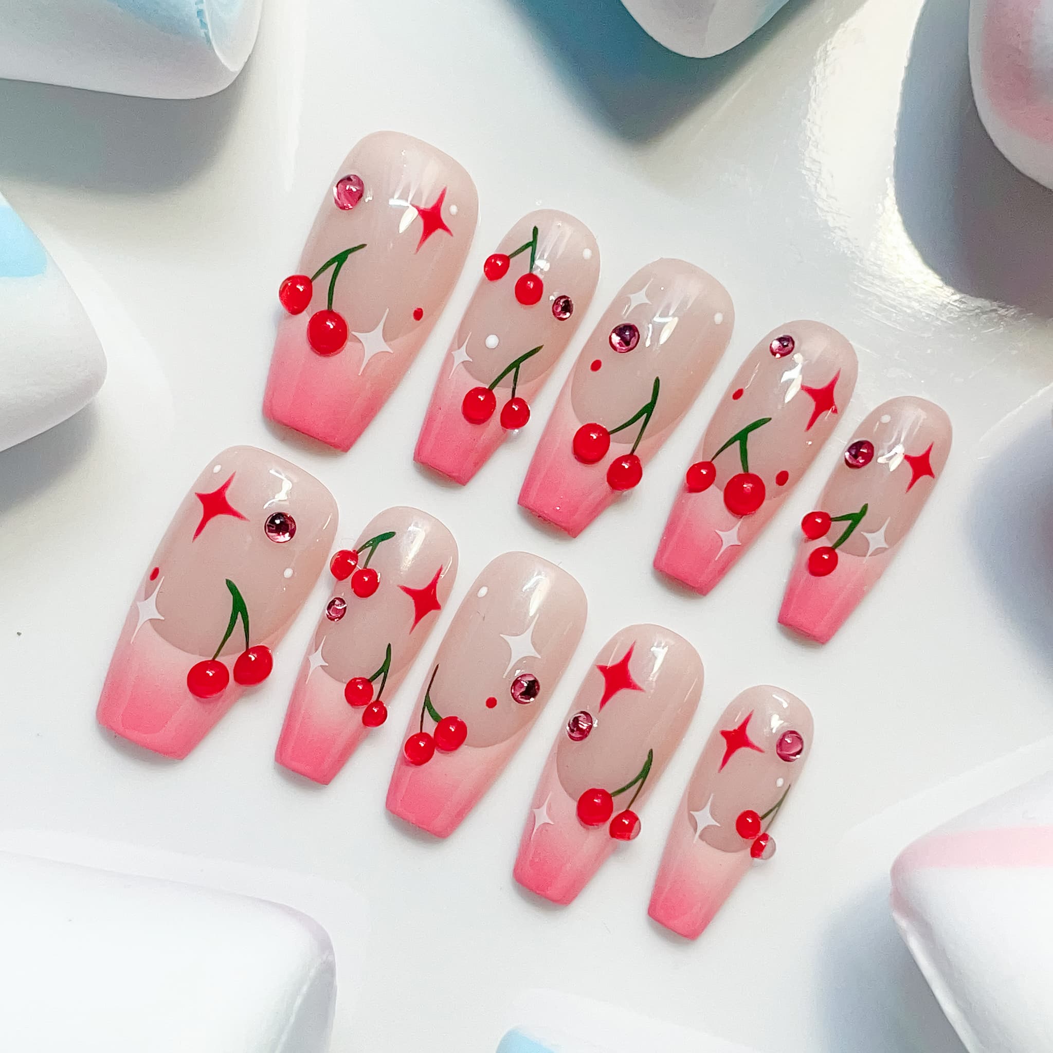 medium length hot pink coffin press on nails with cherry designs