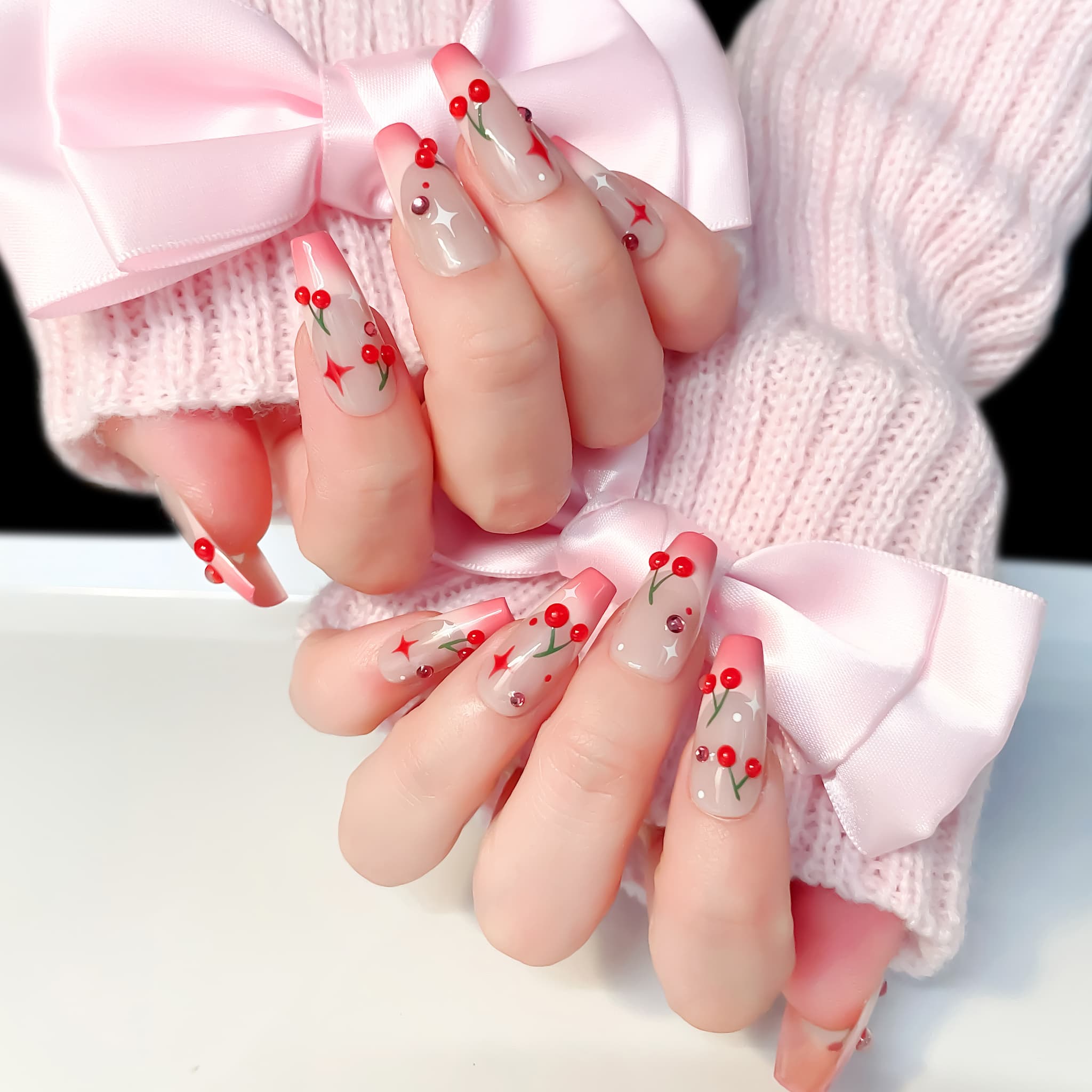 medium length hot pink coffin press on nails with cherry designs