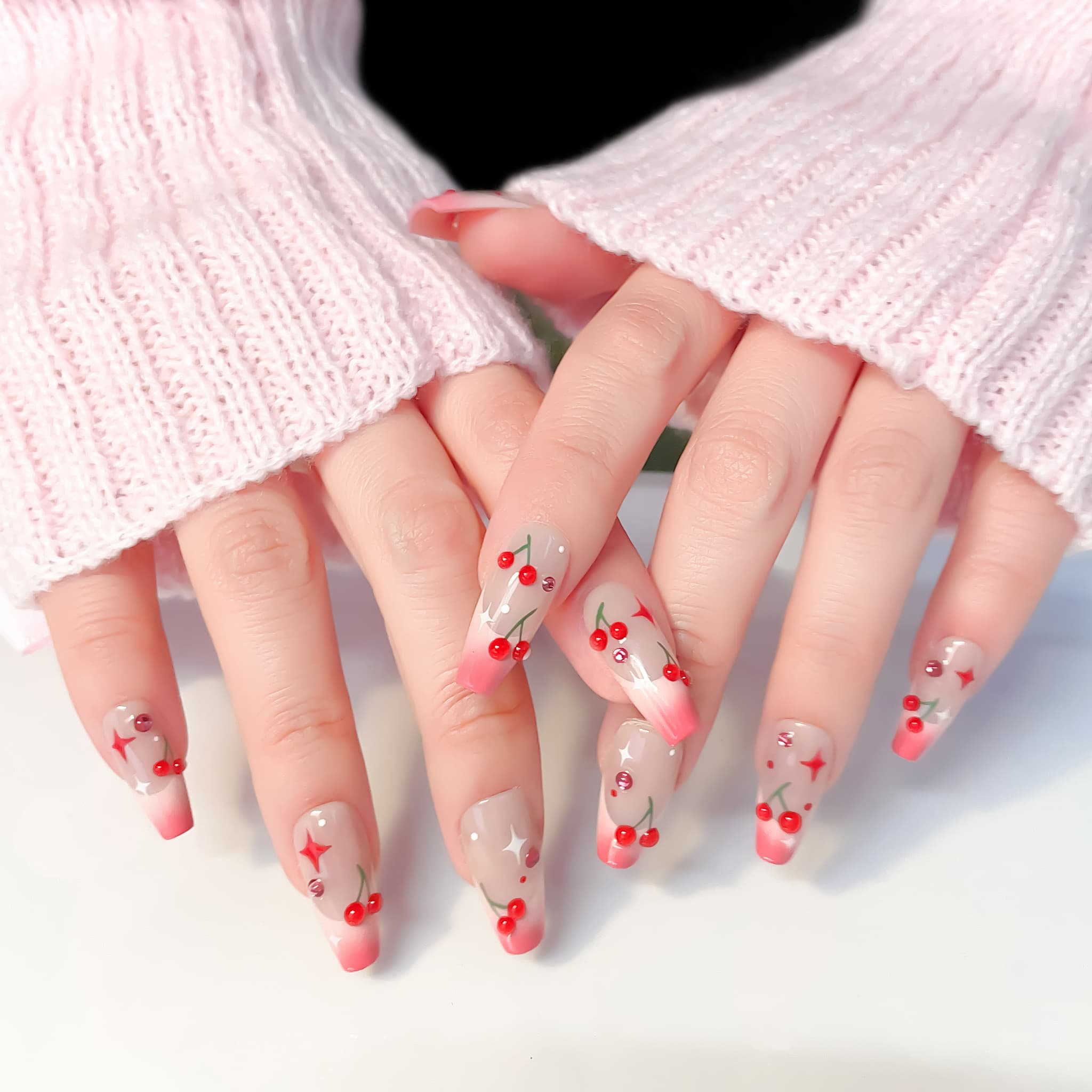 medium length hot pink coffin press on nails with cherry designs